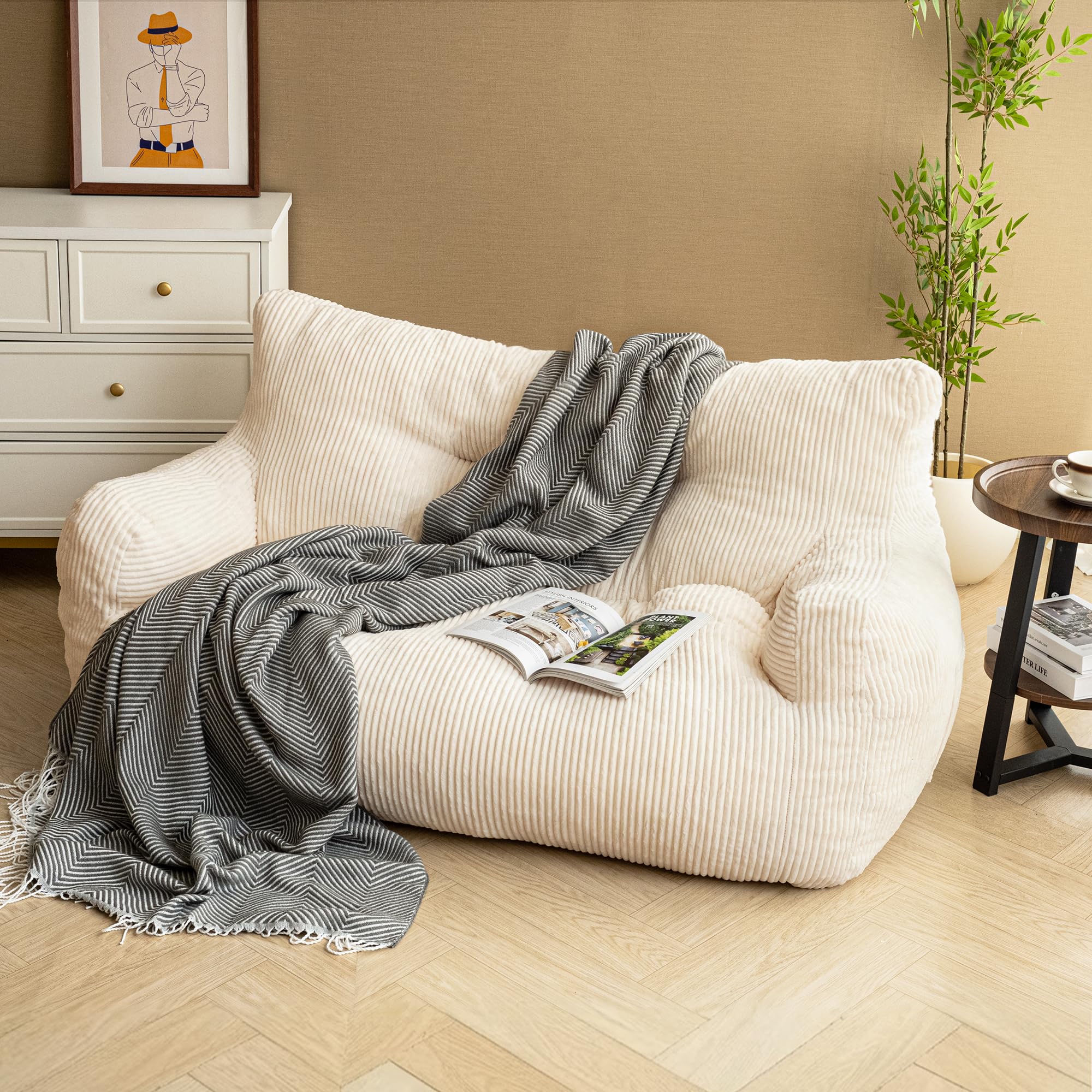 Pamapic Sitzsack, Sitzsack Erwachsene mit Füllung, Doppeltes Lounge Sessel mit Tragbarem Griff, Modernes Ergonomisches BeanBag, Indoor Sitzsäcke Stuhl für Wohnzimmer, Schlafzimmer, Spielzimmer, Beige
