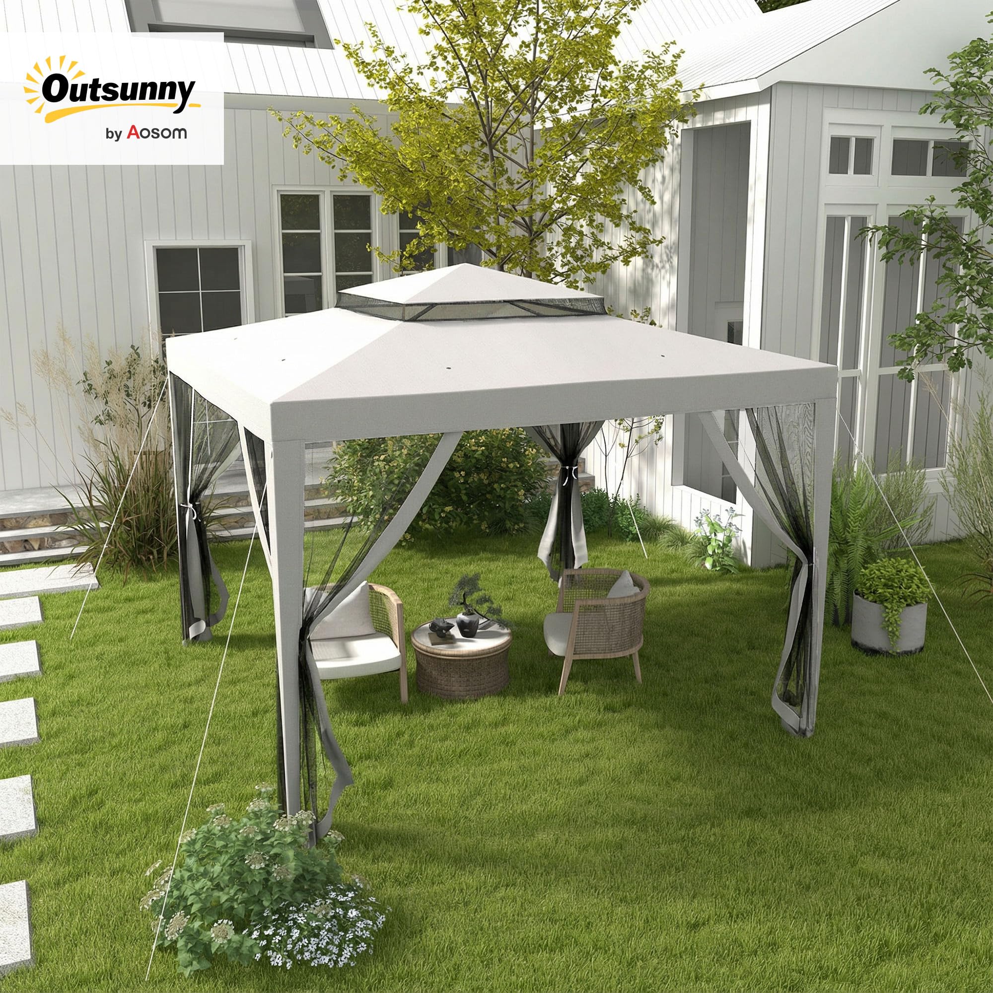 Outsunny 3 x 3 m Altana z Moskitierą, Podwójny Dach, Jasnoszary