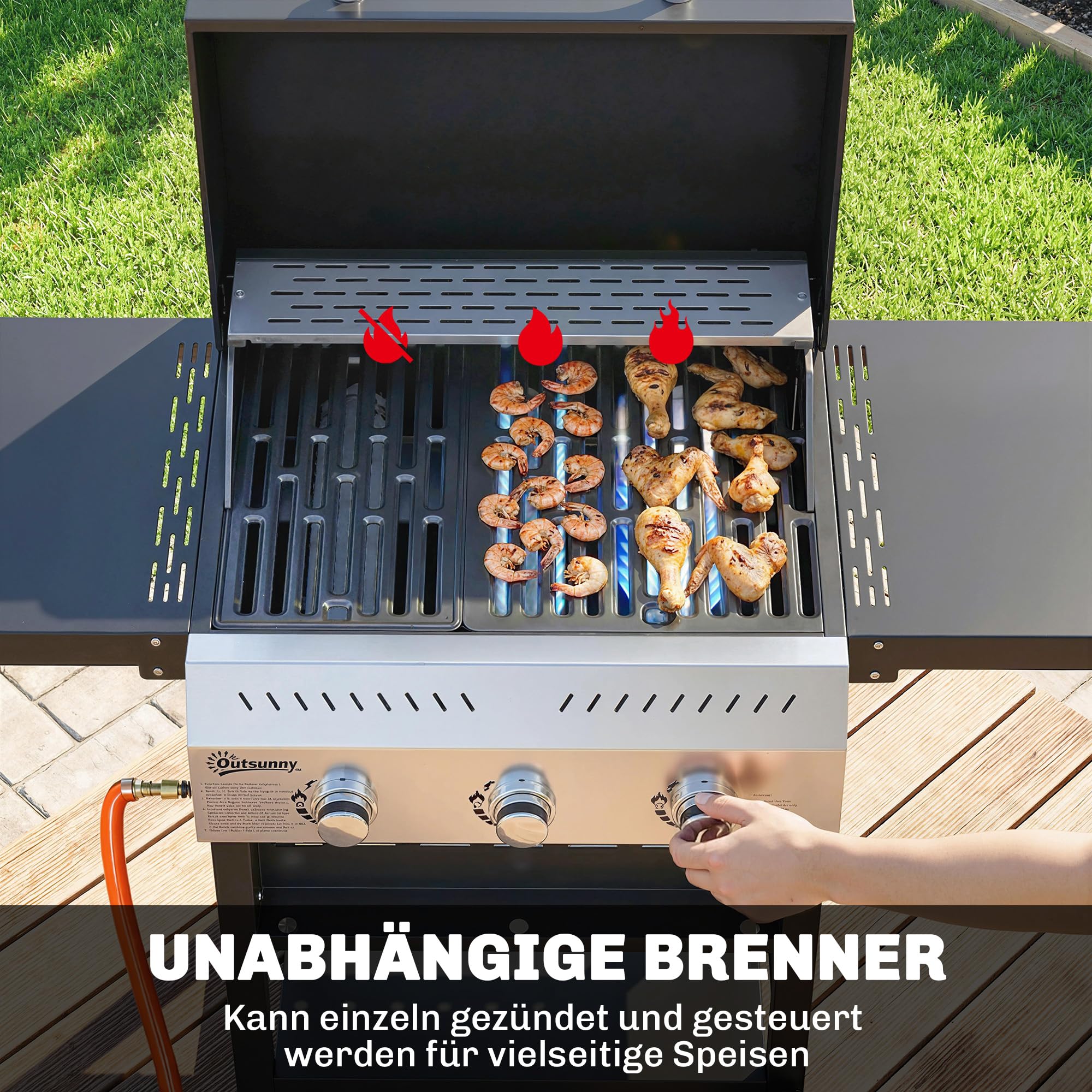Outsunny Gasgrill 9 KW 3 Brenner BBQ Grillwagen Edelstahl inkl klappbar Seitentisch Gewürzhalter Unterregal 6 Haken Thermometer Emaille-Grillrost Warmhalterost Rolle Gas-Grill für Balkon Party