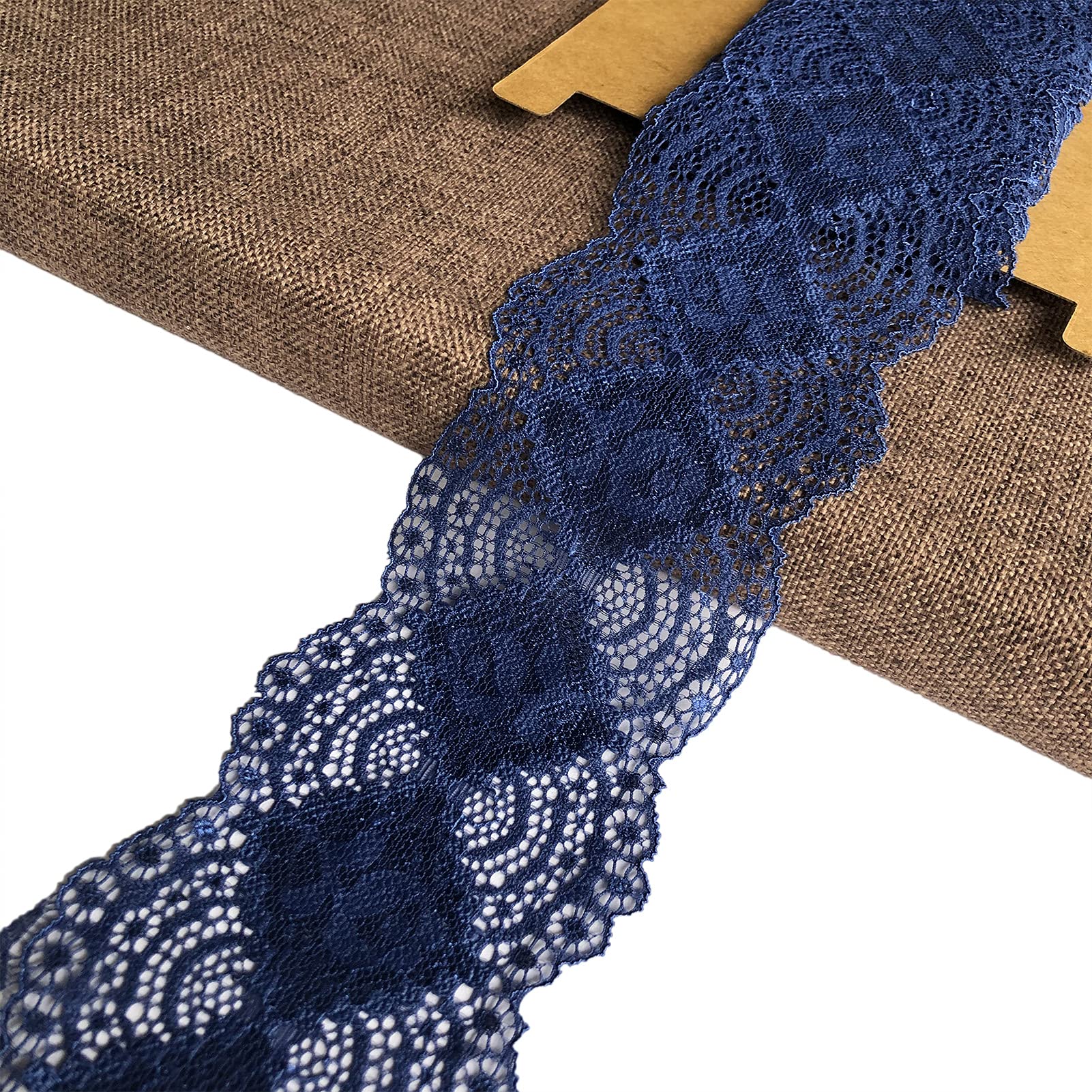 LaceRealm 3 Inch Wide×10 Yards Stretch Floral Pattern Lace Ribbon Trim Lace for Headbands Garters & Crafts (5508 Navy)