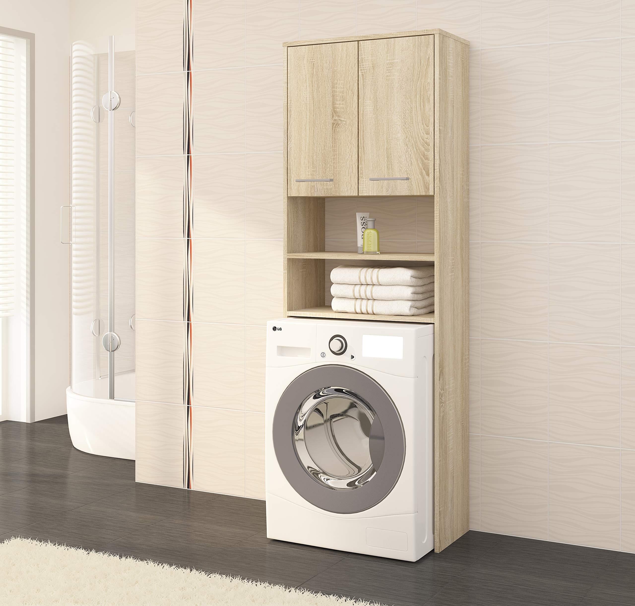 AKORD | Armadio Pensile per Lavatrice | Armadio di trasformazione con 2 ante, 2 Ripiani Aperti | Archivio per bagno | Cassettiera per lavatrice | 64x180x30 cm | Peso 30 kg | Rovere Sonoma