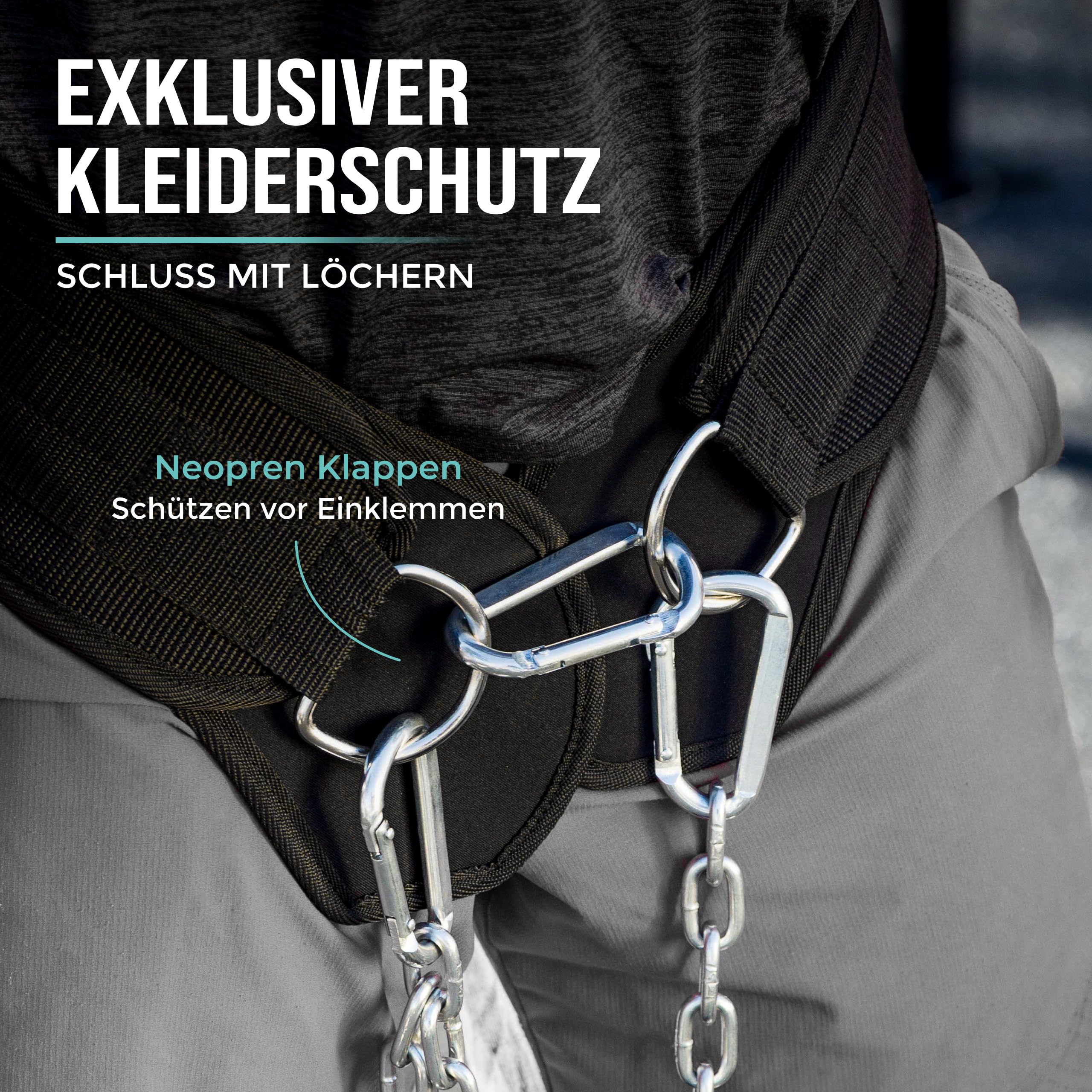 PULLUP & DIP Gürtel mit Kette und 3x Karabiner, Dip Gürtel inkl. Neopren Klappen als Kleiderschutz, Gewichtsgürtel, Weighted Belt, Klimmzug Gürtel für Calisthenics, Kraftsport, Bodybuilding