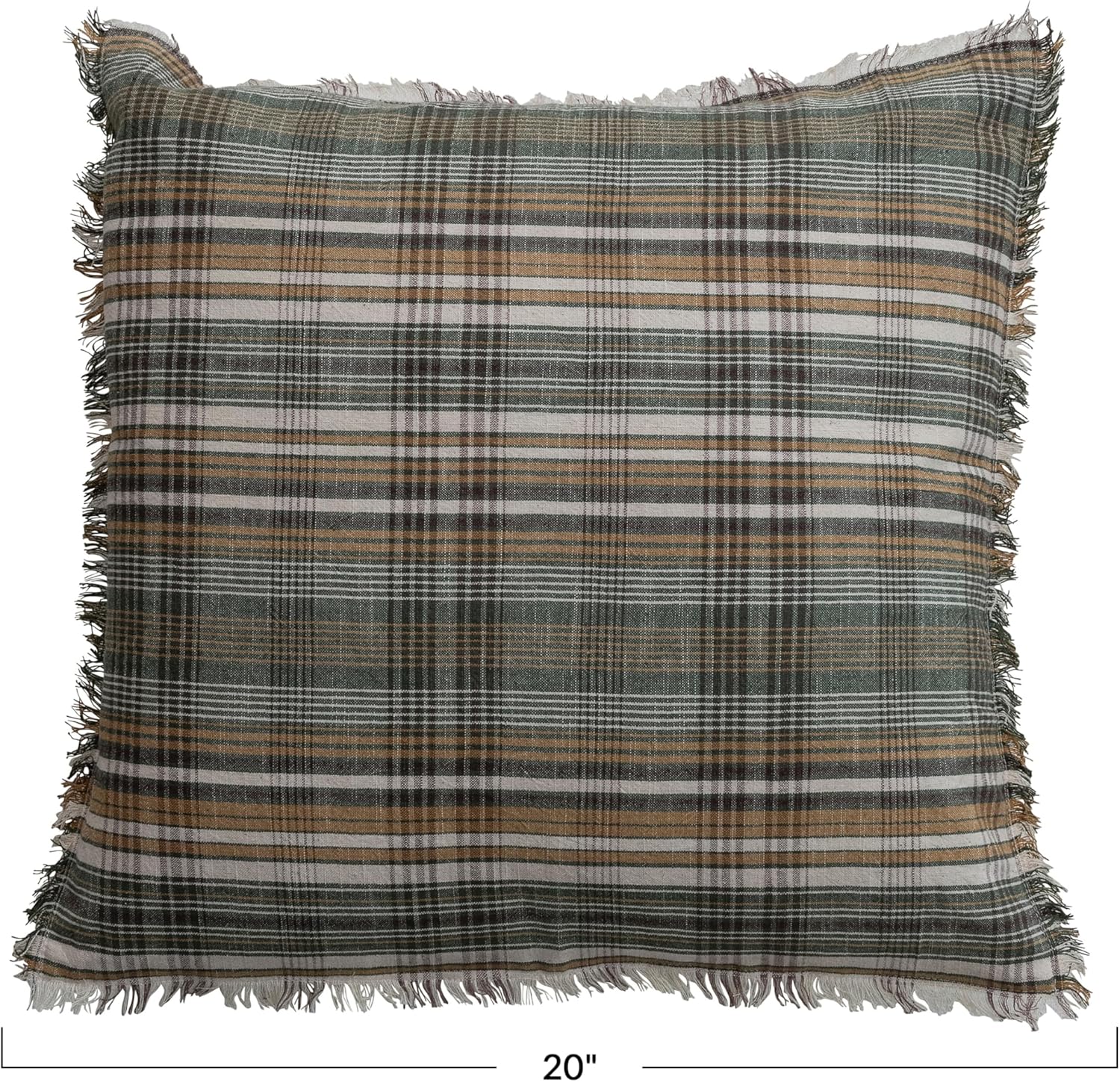 Creative Co-Op Woven Linen and Cotton Pillow with Plaid Pattern and Eyelash Fringe, Multicolor