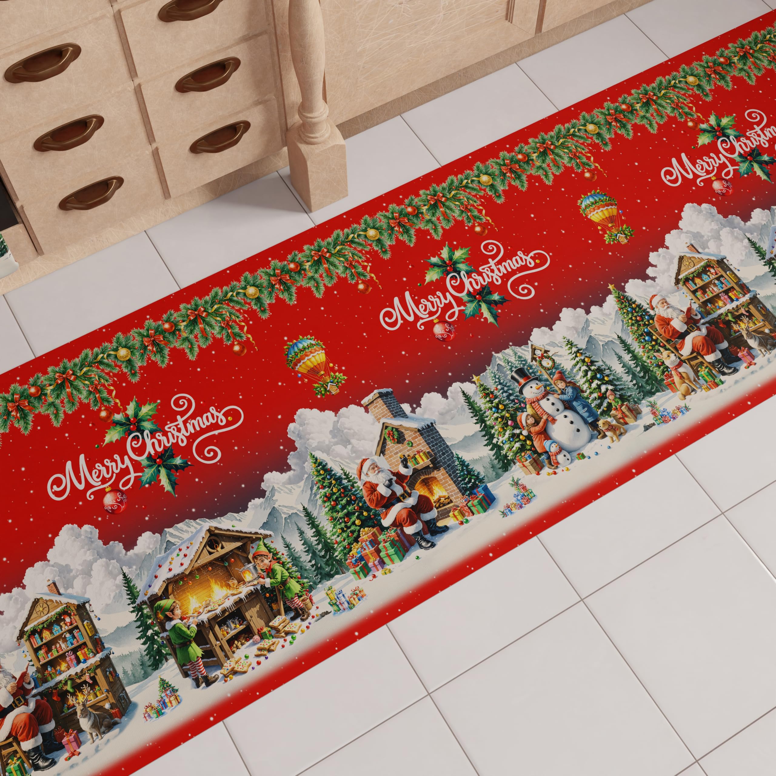 PETTI Artigiani Italiani - Alfombra de Cocina navideña, Alfombra navideña para Cocina Antideslizante y Lavable, Alfombra para Navidad, 52 x 240 cm, diseño de Pueblo de Papá Noel, Made in Italy