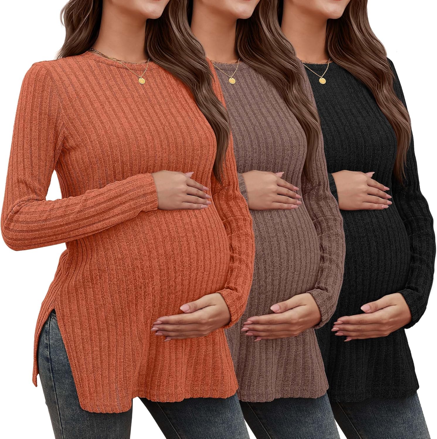 3 Pack Women's Maternity Shirts, Ribbed Long Sleeve Pregnancy Sweaters Knit Split Side Crew Neck Tunic Tees Tops