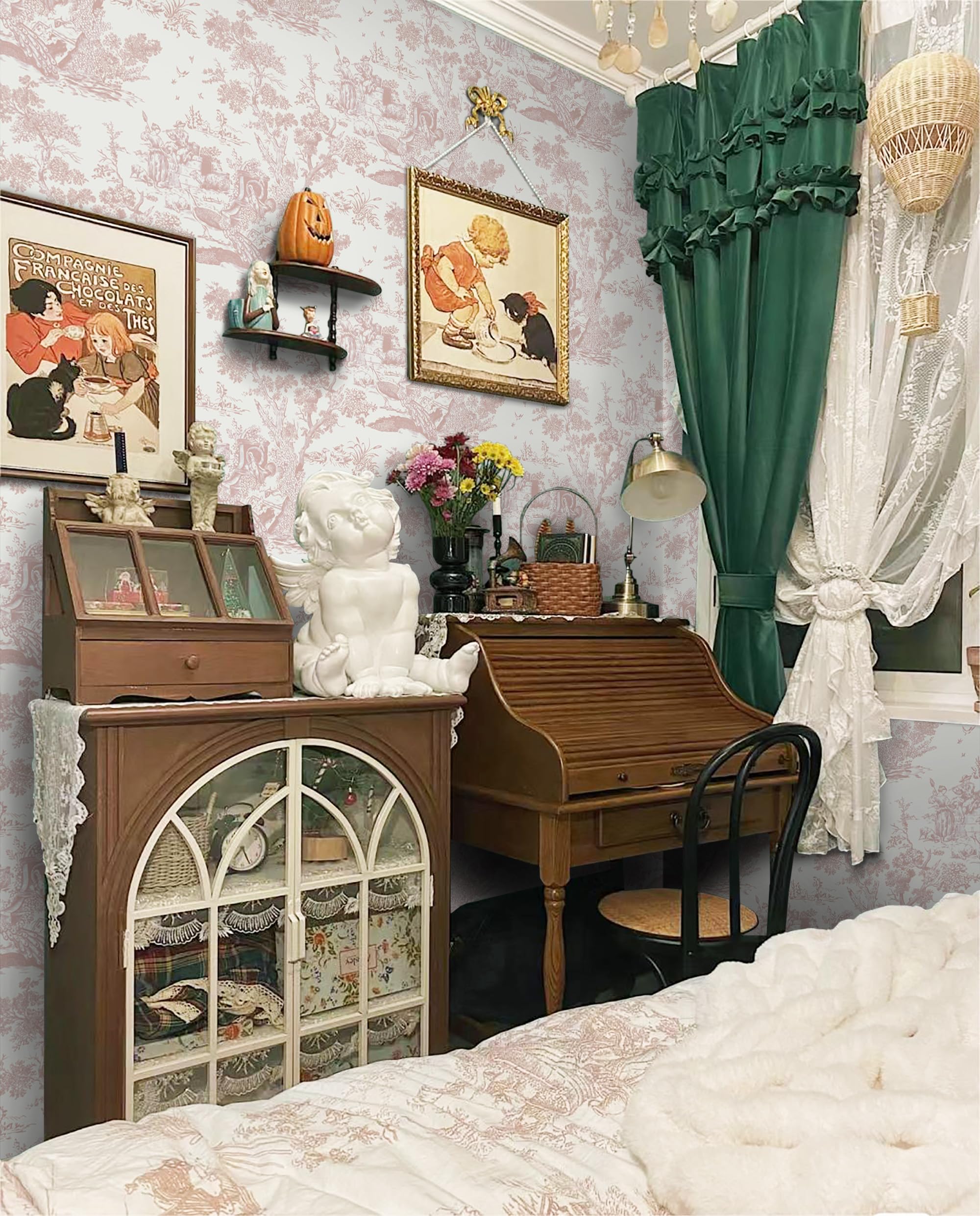 Papier Peint Autocollant Vintage 41 x 300 cm Vinyle Arbre Animaux Imperméable Rose Chambre