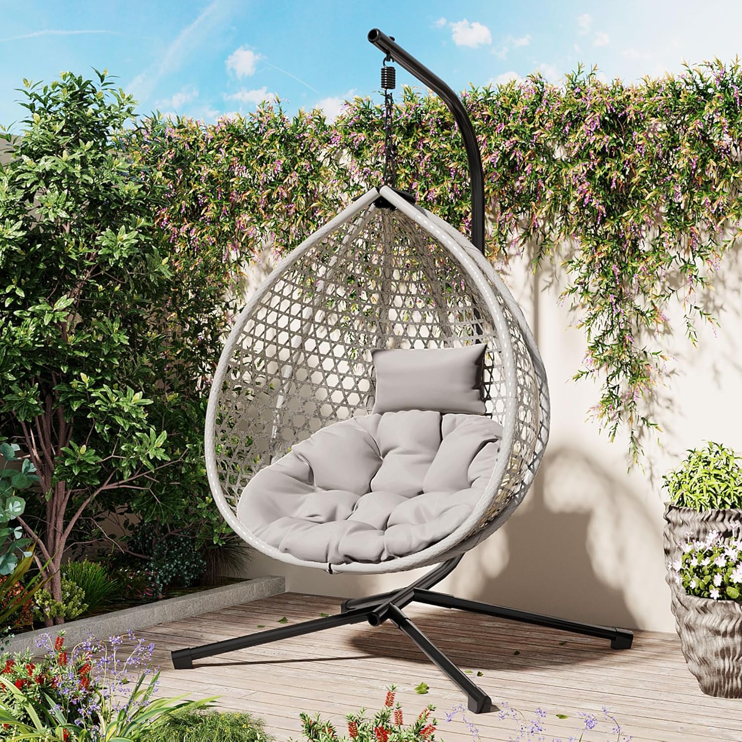 Merax Egg Hanging Chair with Stand, Indoor/Outdoor Swinging Wicker Hammock Chair for Patio, Garden, or Living Room