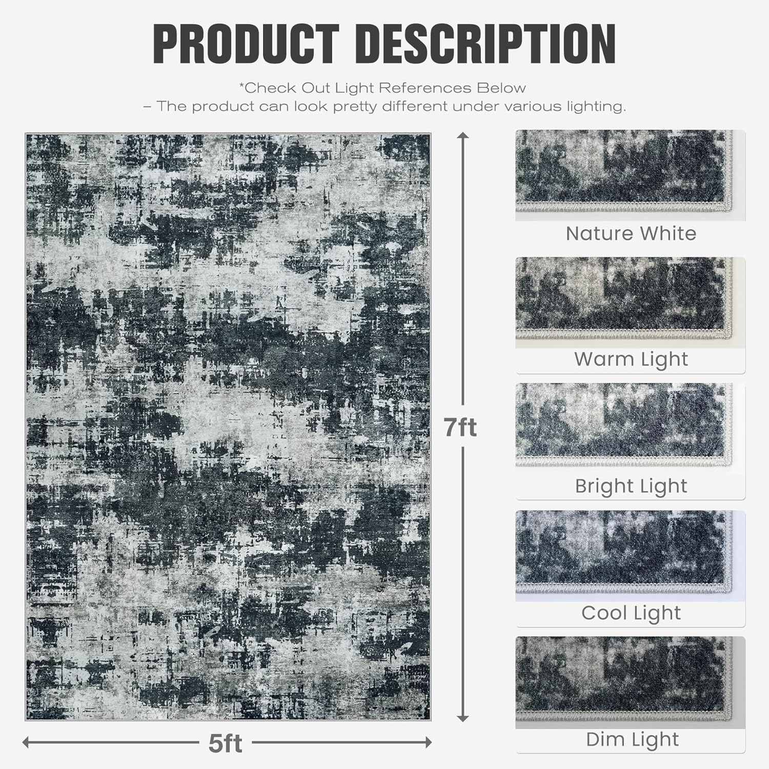 area rug 5x7 living room rug washable: no-slip modern abstract soft thin large black rugs indoor floor stain resistant carpet for bedroom dining room farmhouse nursery home office (black, 5'x7') black 5' x 7' (rectangular)