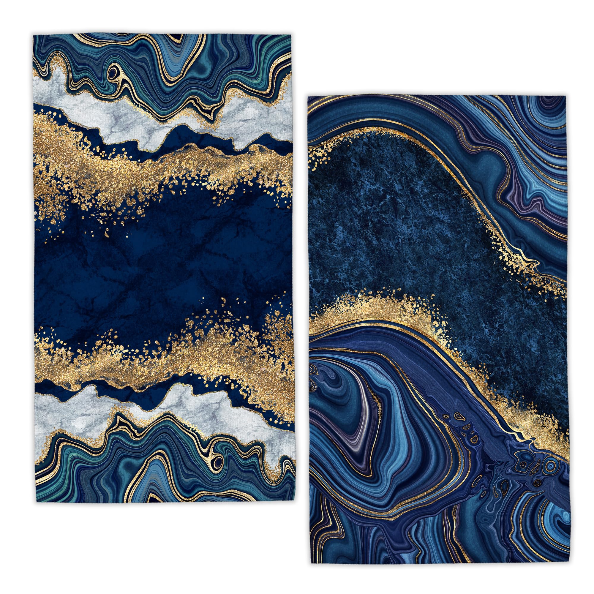 LUOENY Tea Towels - Set of 2 Blue and Gold Marble Hand Towels Absorbent Reusable Dish Cloths for Kitchen Home, Living Room Dining Room Decor, 45x60 cm