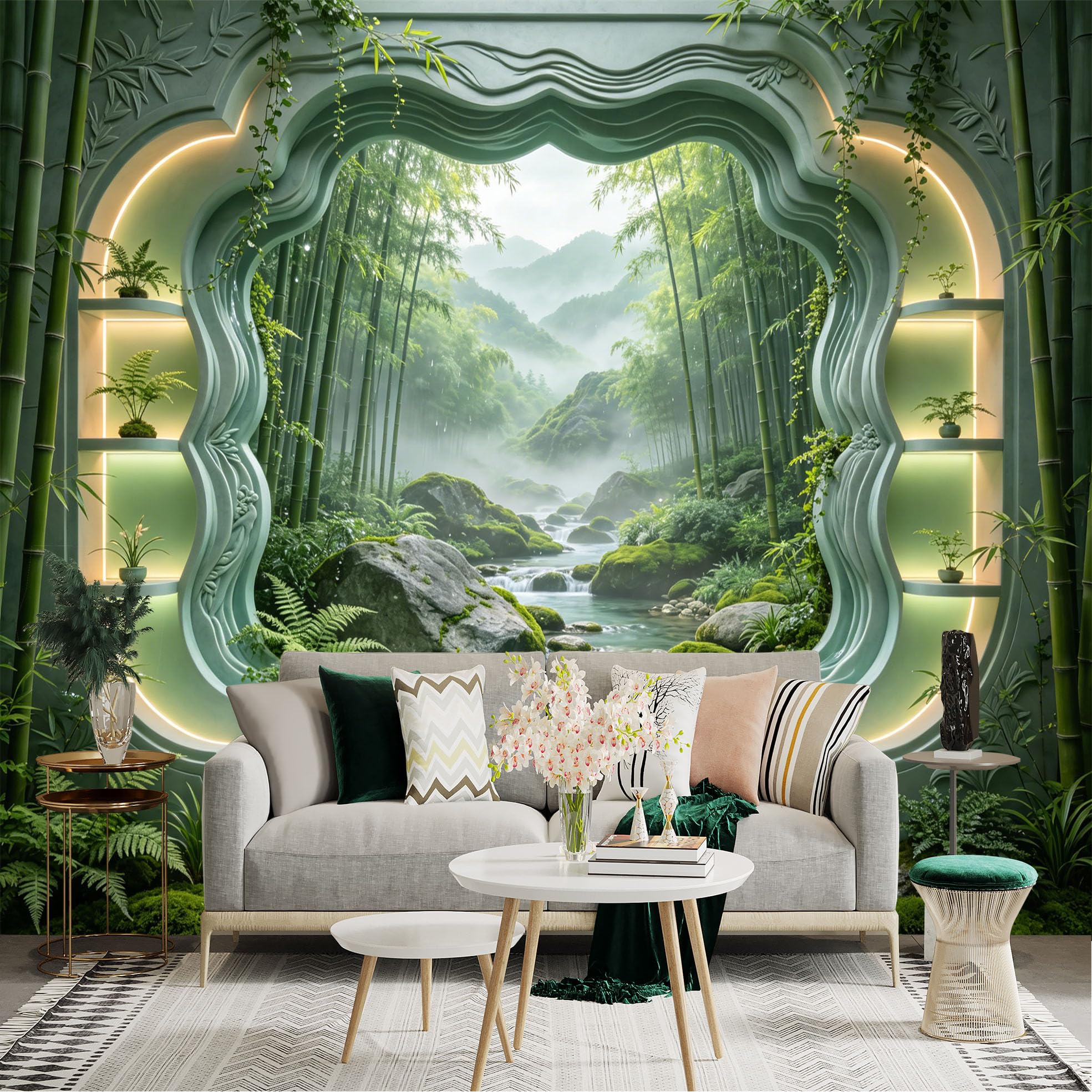 Custom Size Wall Sticker Mural， Tranquil Bamboo Forest with Waterfall， Rocks and Misty Mountains， for wall Decoration， peelandstick wall Decals.