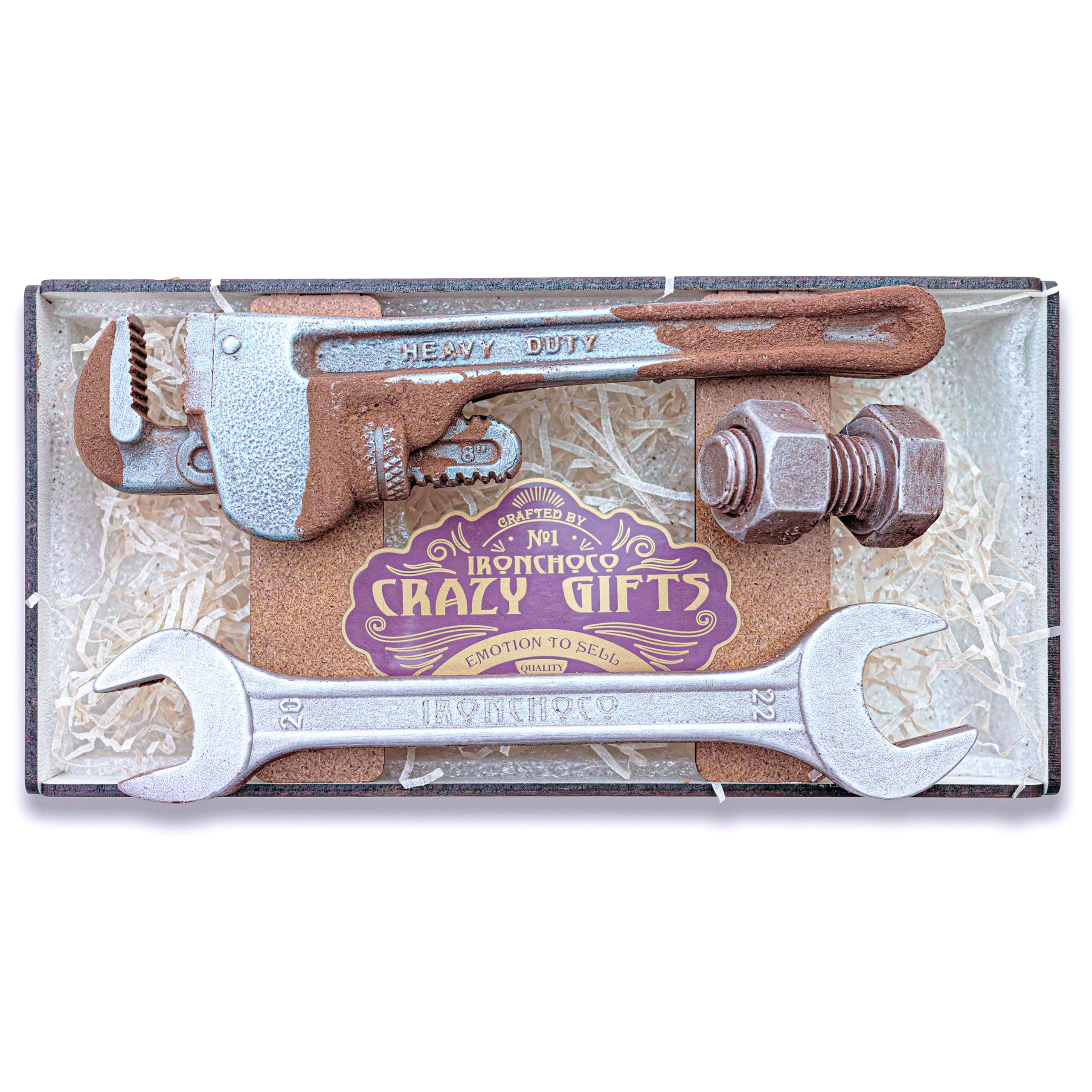 Chocolate Gift Box – Gift Set with 3 Realistic Assorted Chocolate Tools in Wooden Crate Box – Cool Birthday Gift for Men, Christmas Presents Idea for Men