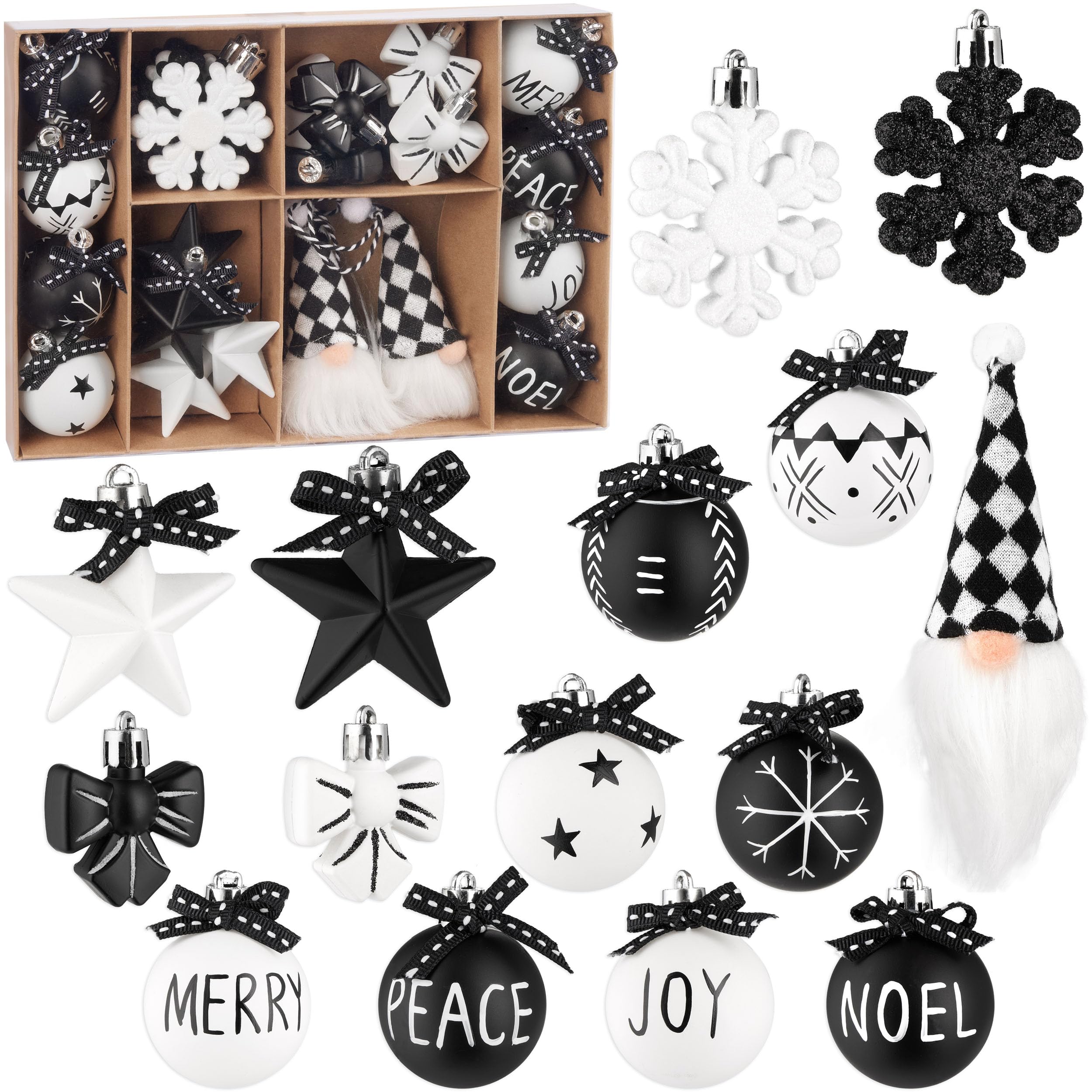 Brubaker Black White 24 Pieces Christmas Tree Decorations Black And White - Christmas Bauble Set With Gnomes, Snowflakes, Merry, Peace, Joy And Noel Baubles With Black Bows - White And Black