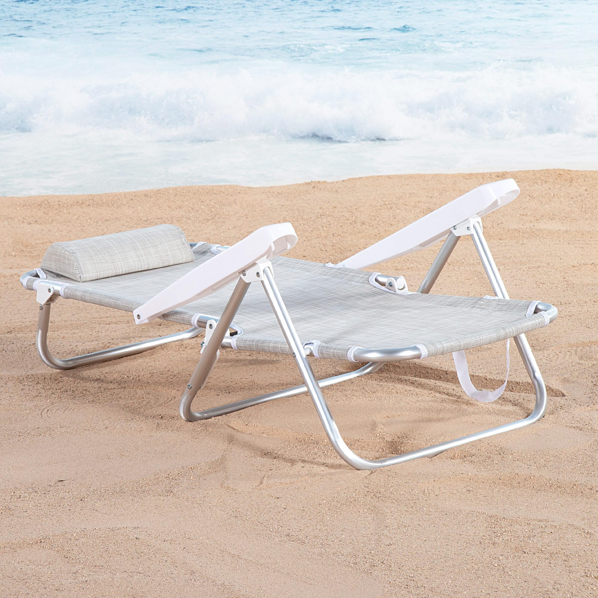 Sedia da spiaggia reclinabile, sedia multiposizione, 5 posizioni, altezza seduta 21 cm, 48x46x84 cm, con maniglia per il trasporto, beige, Aktive Spiaggia