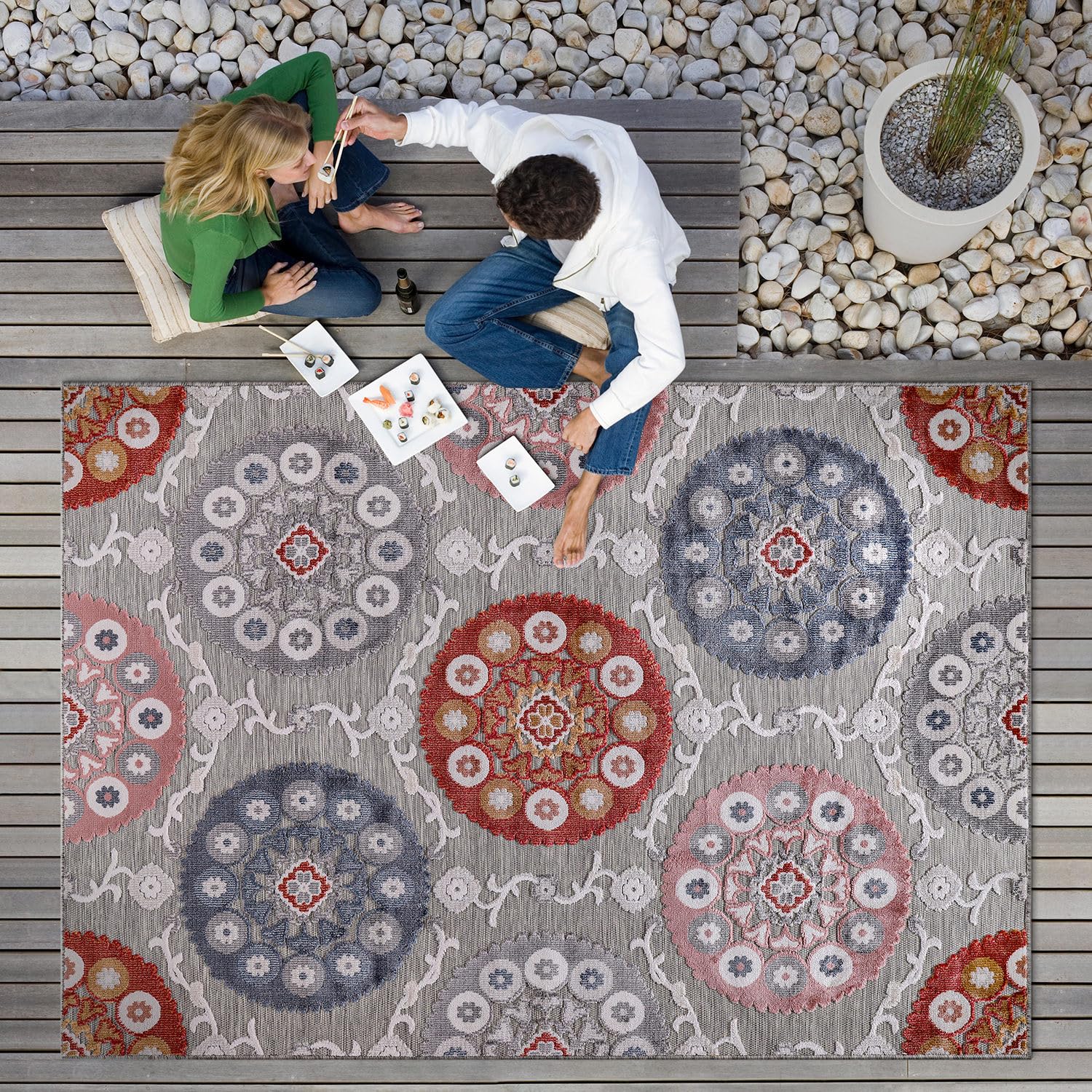 CAMILSON Indoor Outdoor Rug 10x14 Bohemian Medallion Floral Area Rugs for Indoor and Outdoor Patios Easy-Cleaning Non-Shedding Living Room Garden and