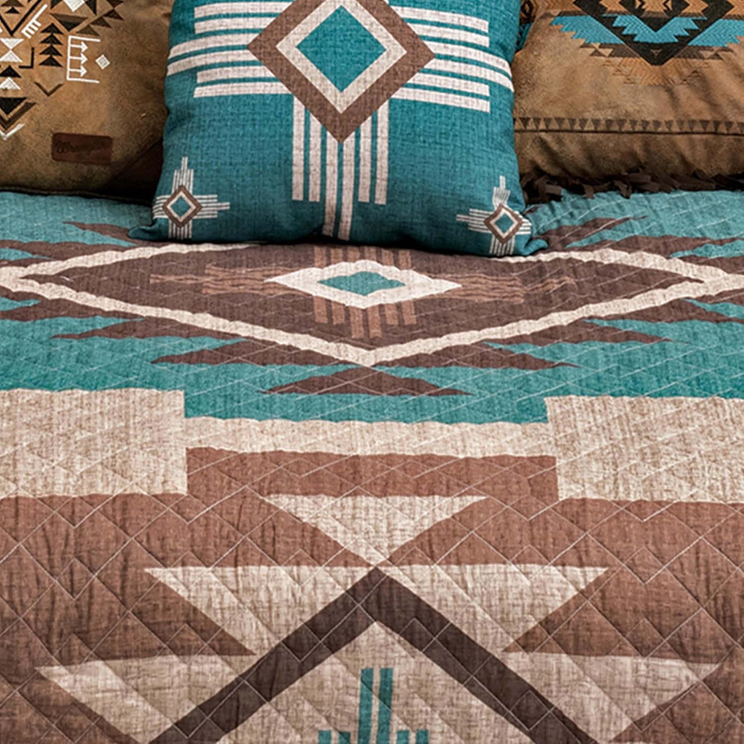 BLACK FOREST DECOR Mocha Turquoise Southwest Quilt Bed Set – King Size Quilt with Native American Tribal Patterns