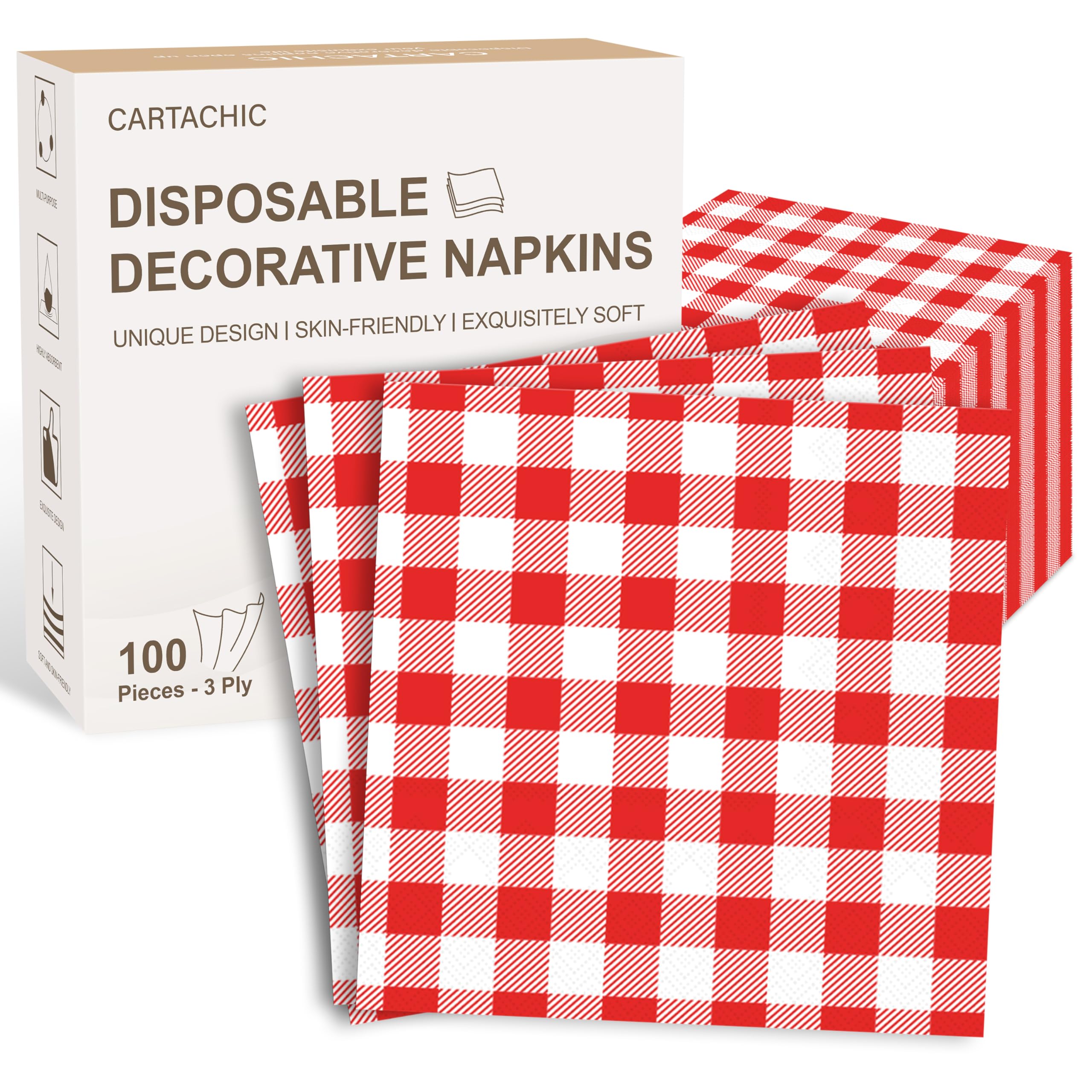 Photo 1 of 100PCS Paper Napkins Red Gingham Decorative Disposable – Party Napkins for Everyday, Dinner, Decoupage, Wedding and Baby Shower