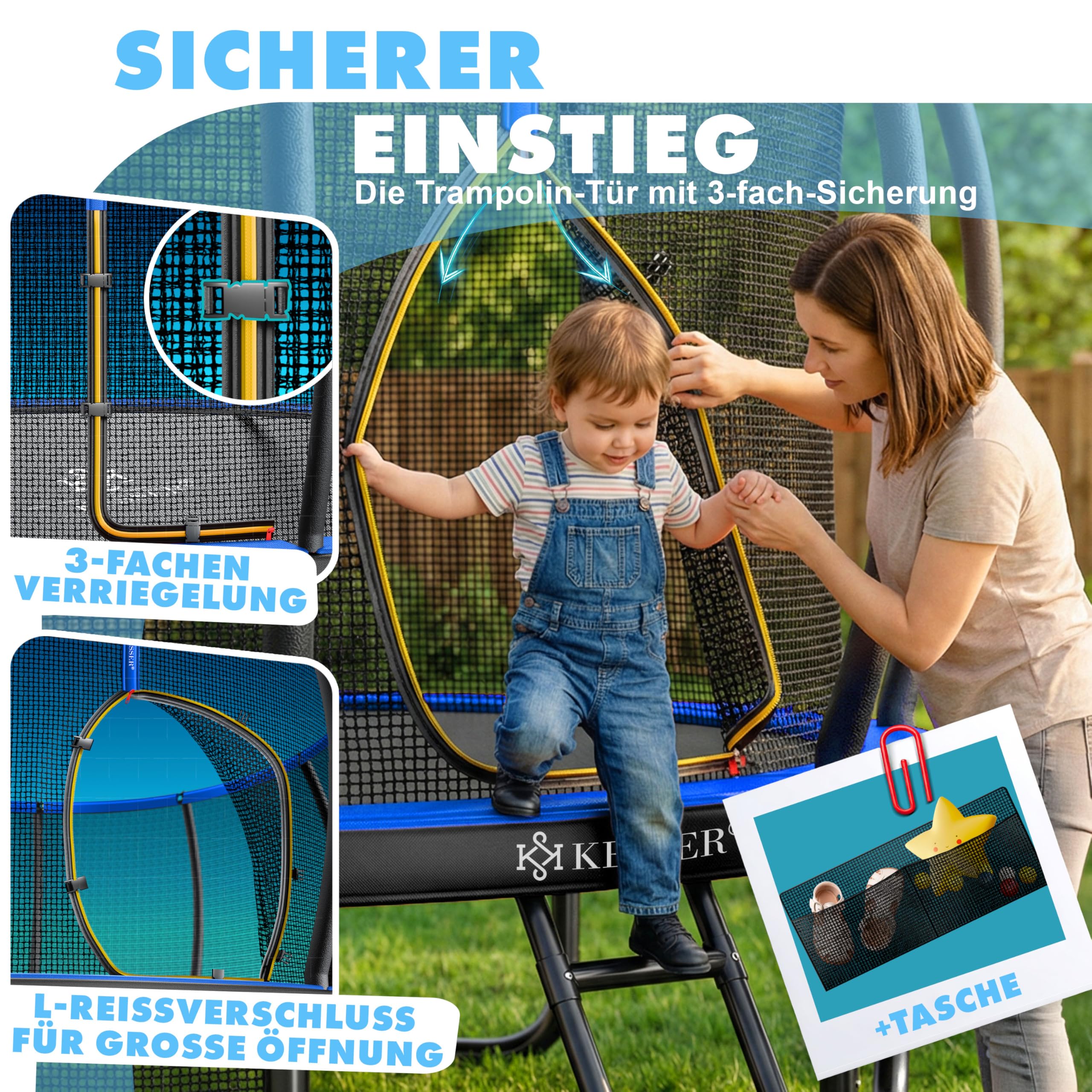 KESSER® Trampolin Outdoor Ø 244/305/366/427 cm, GS-Zertifikat, Gartentrampolin für Kinder & Erwachsene <150 kg mit Sicherheitsnetz, inklusive Tasche, Leiter, Randabdeckung & gepolsterten Netzstangen