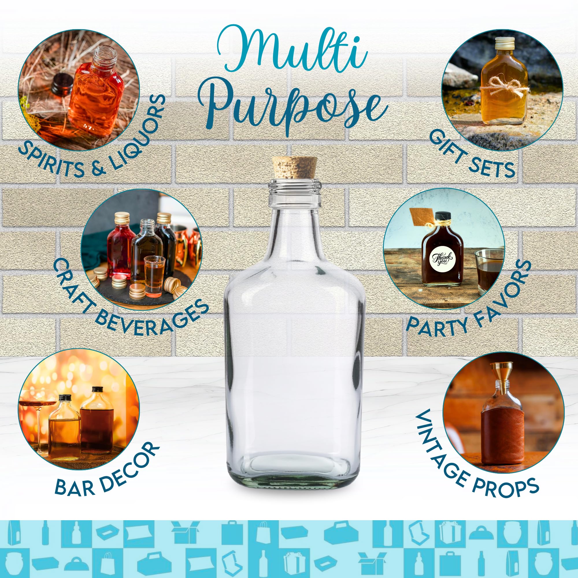 20 botellas de vidrio vacías de 250 ml estilo Flasque para alcohol con tapón de corcho, frasco para whiskey, ron, licor - frascos de bolsillo para bebidas espirituosas