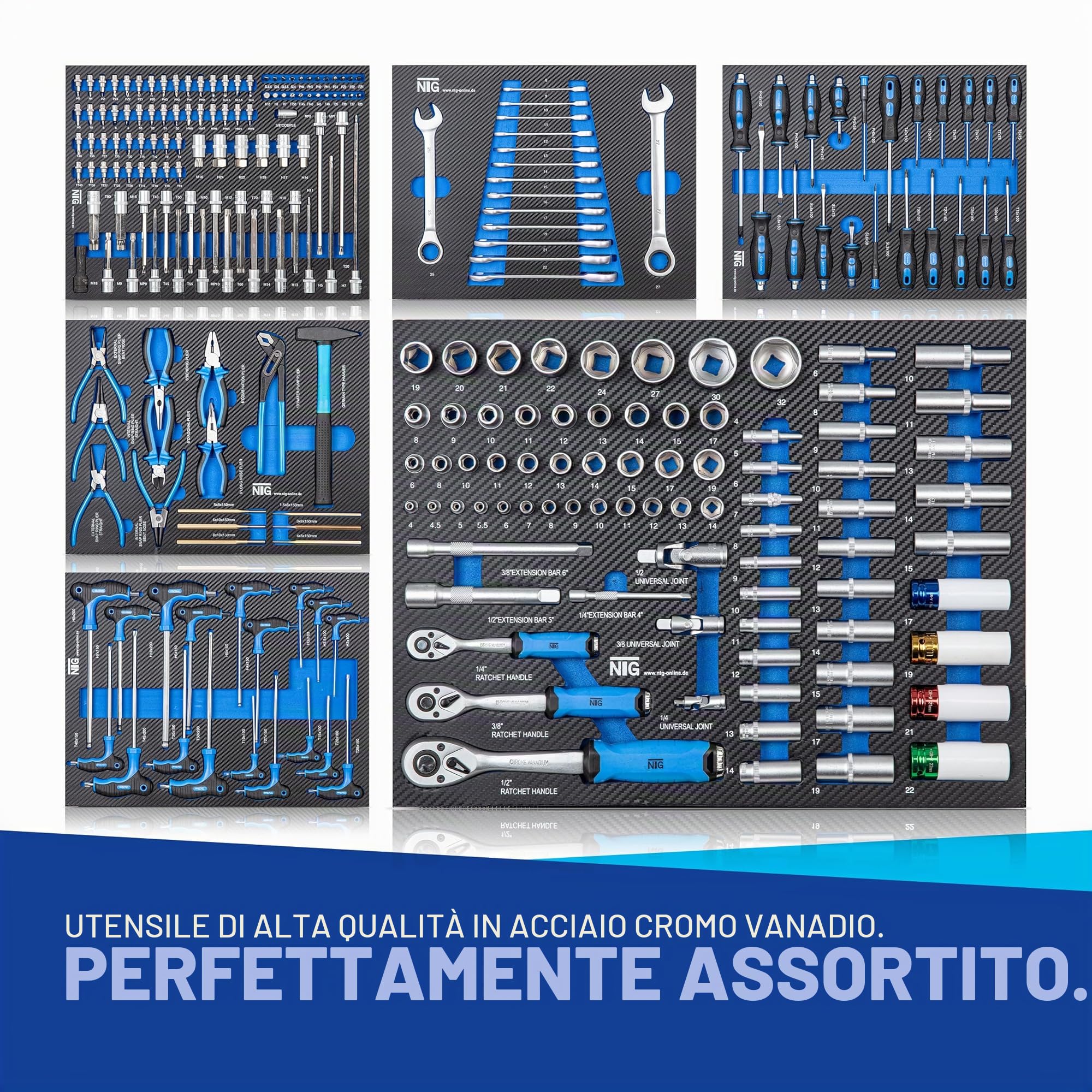 Carrello portautensili NTG + utensili + 7 cassetti | 252 pezzi | Nero | Di cui 6 con utensili | Chiudibile a chiave | Cassetti riempiti | Carrello da officina Cassetta degli attrezzi