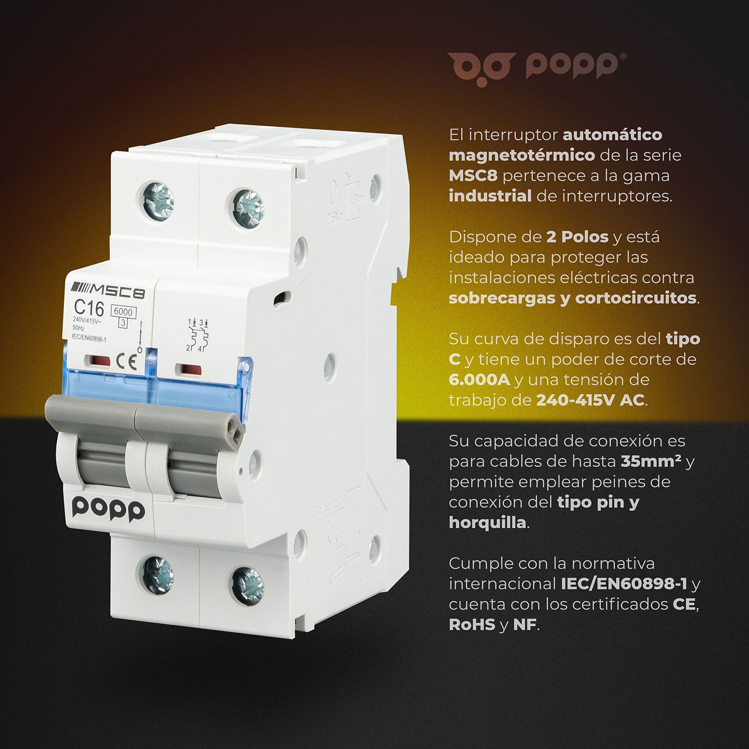POPP® Interruptor Automático Magnetotérmico 2P serie MSC82 gama Industrial CURVA C corte 6000A 6A,10A,16A,20A,25A,32A,40A,63A Pack 6,12 (Pack 12, 16A)