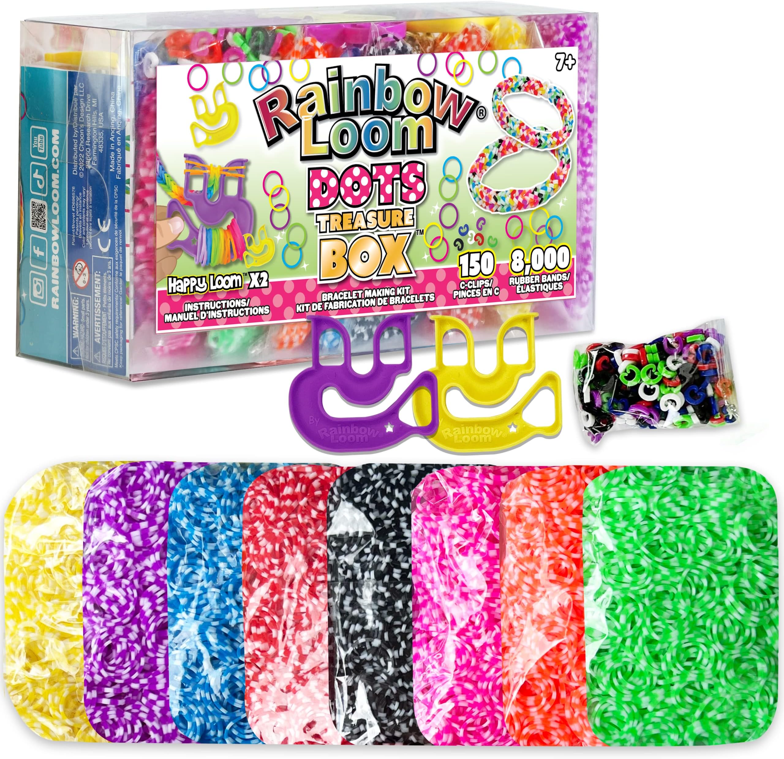 Treasure Box DOTS Edition, 8,000 Rubber Bands in 8 Different Polka Dots Colors, and a Bonus of 2 Happy Looms, Great Activities for Boys and Girls 7+