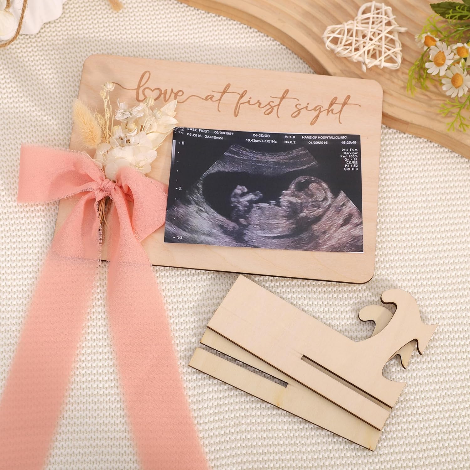 Baby Sonogram Picture Display Sign - Baby Announcement Ultrasound Picture Frame, “Love at First Sight” Babi Scan Photo Frame, Pregnancy Reveal Wooden Photo Holder with Floral Decor & Bow