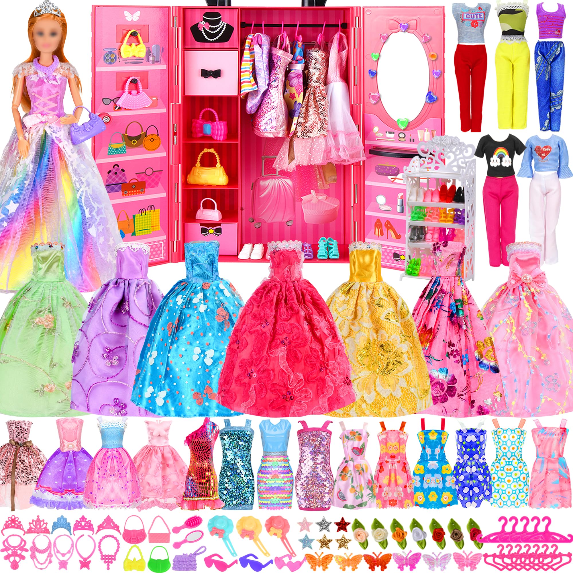 172 Pcs Doll Clothes and Accessories Playset for Girls, Princess Gowns, Fashion Dresses, Swimsuits, Tops, Pants, Shoes, Hangers Bags Necklaces in Closet for Doll Dress Up Fit for 11.5” Dolls