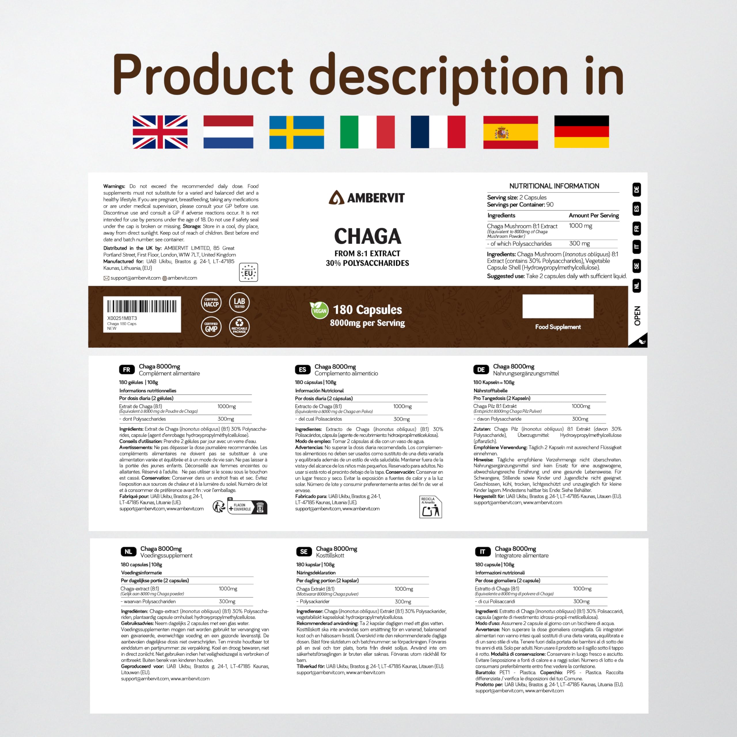 Chaga 8000 mg – 180 Gélules – 30% Polysaccharides Bioactifs – Double Extrait du Corps Fructifère Fortement Dosé – Récolté à l’État Sauvage sur Bouleaux d’Europe du Nord – Ambervit