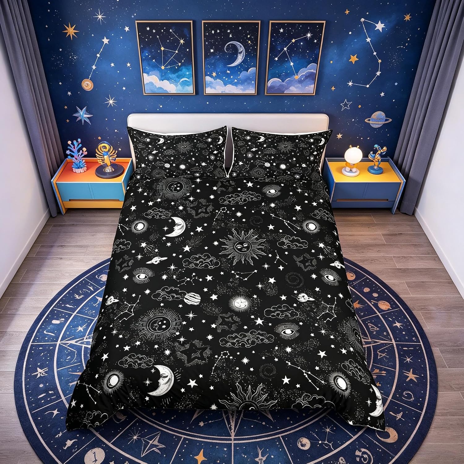 Sun and Moon Bedding Set 3 pieces,Black and White Starry Galaxy Comforter Cover for Youth Bedroom,Boho Hippie Constellation Ultra Soft Duvet Cover Decor,Double Size Quilt Cover