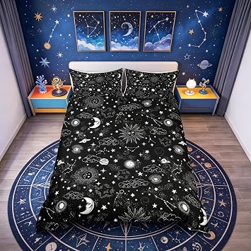 Sun and Moon Bedding Set 3 pieces,Black and White Starry Galaxy Comforter Cover for Youth Bedroom,Boho Hippie Constellation Ultra Soft Duvet Cover Decor,Double Size Quilt Cover