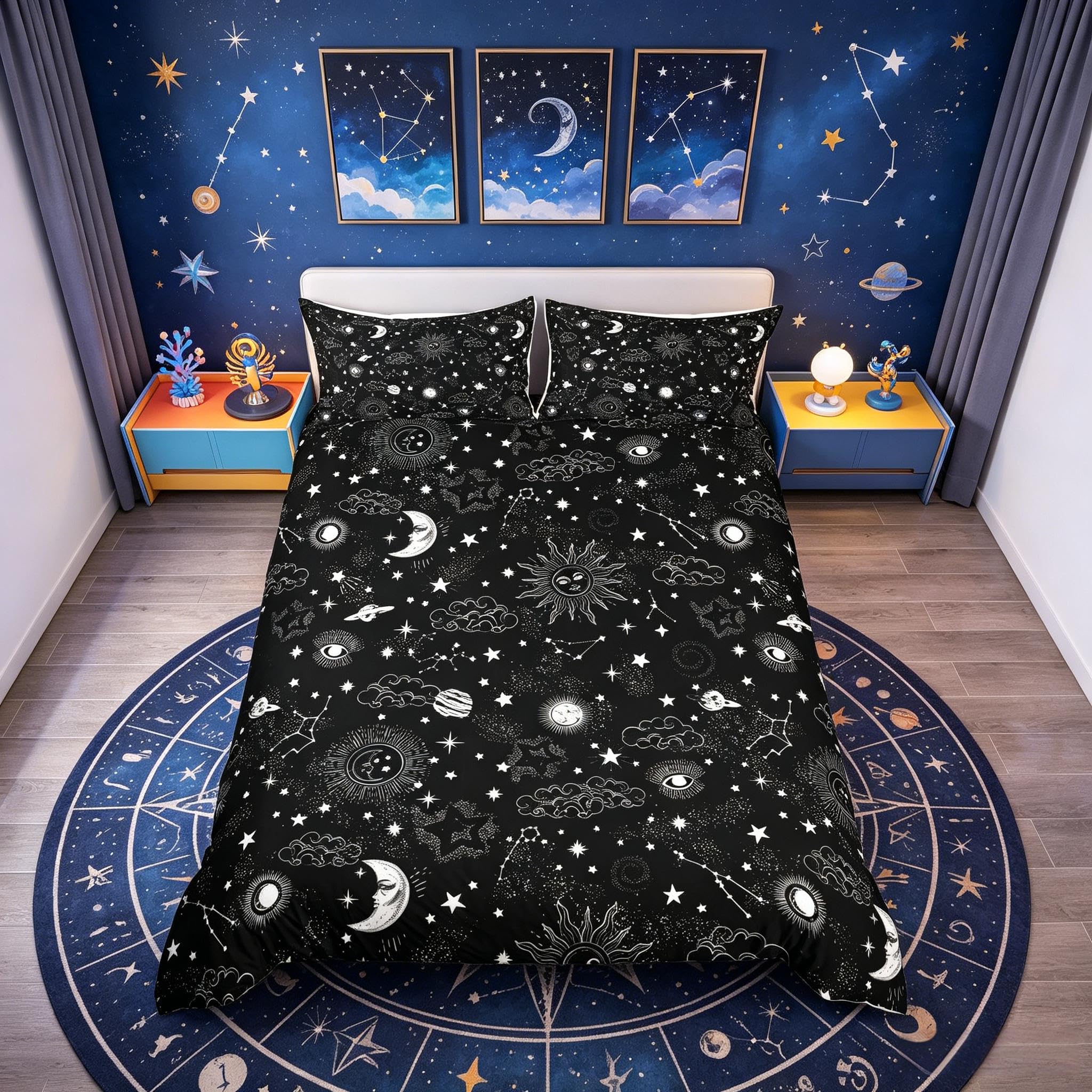Richhome Boys Moon And Stars Sun And Moon Duvet Cover Single Size,Black And White Starry Galaxy Bedding Set 2Pcs For Child,Boho Hippie Constellation Comforter Cover Soft Quilt Cover Bedroom Decor Bedspread