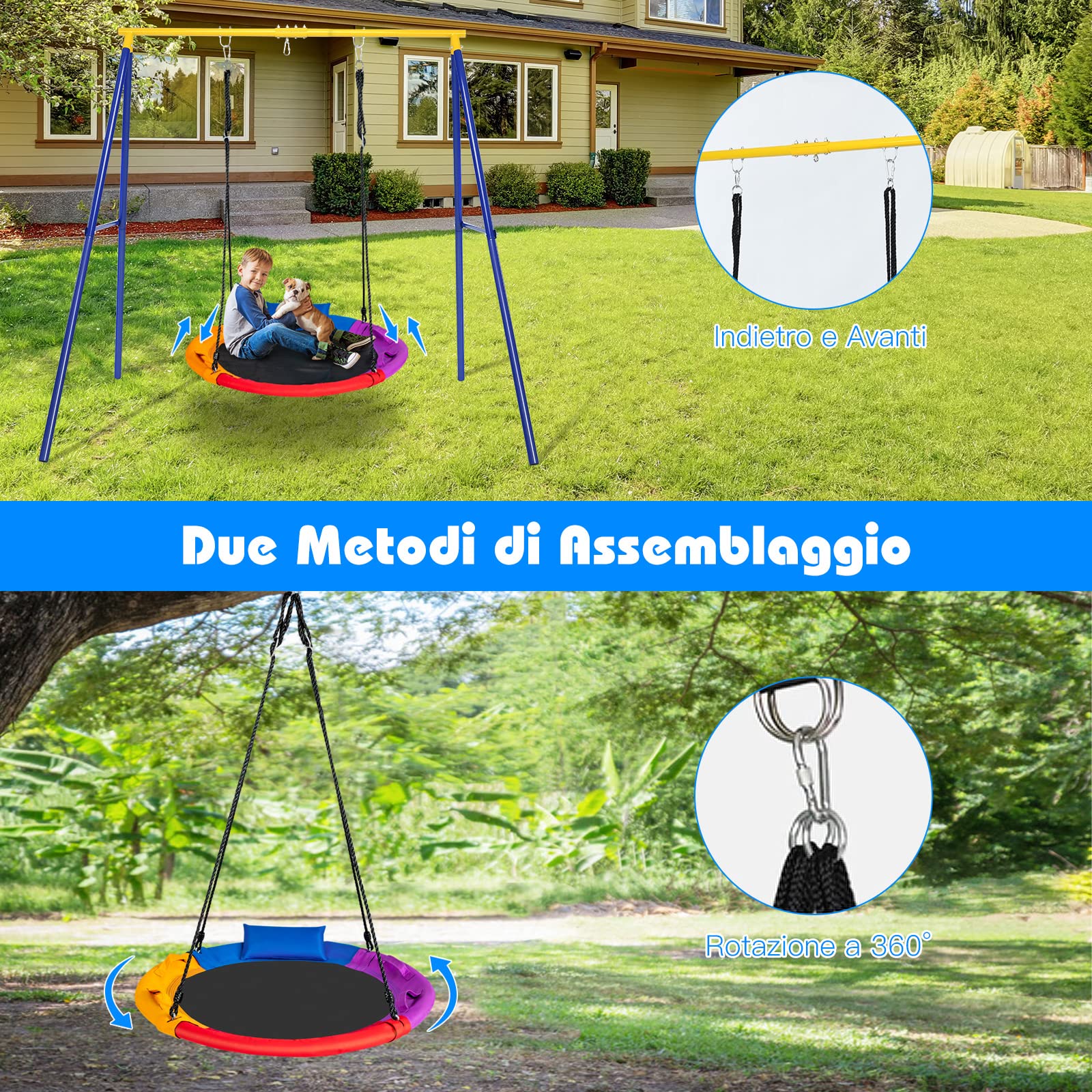 GYMAX Altalena Rotonda Bambini, Sedia Sospesa da Giardino, Ø100 cm, Carico Max.150 kg, Altezza Regolabile 100-180 cm, Seduta con Maniglia e Cuscino, Swing Portabile, Colorato
