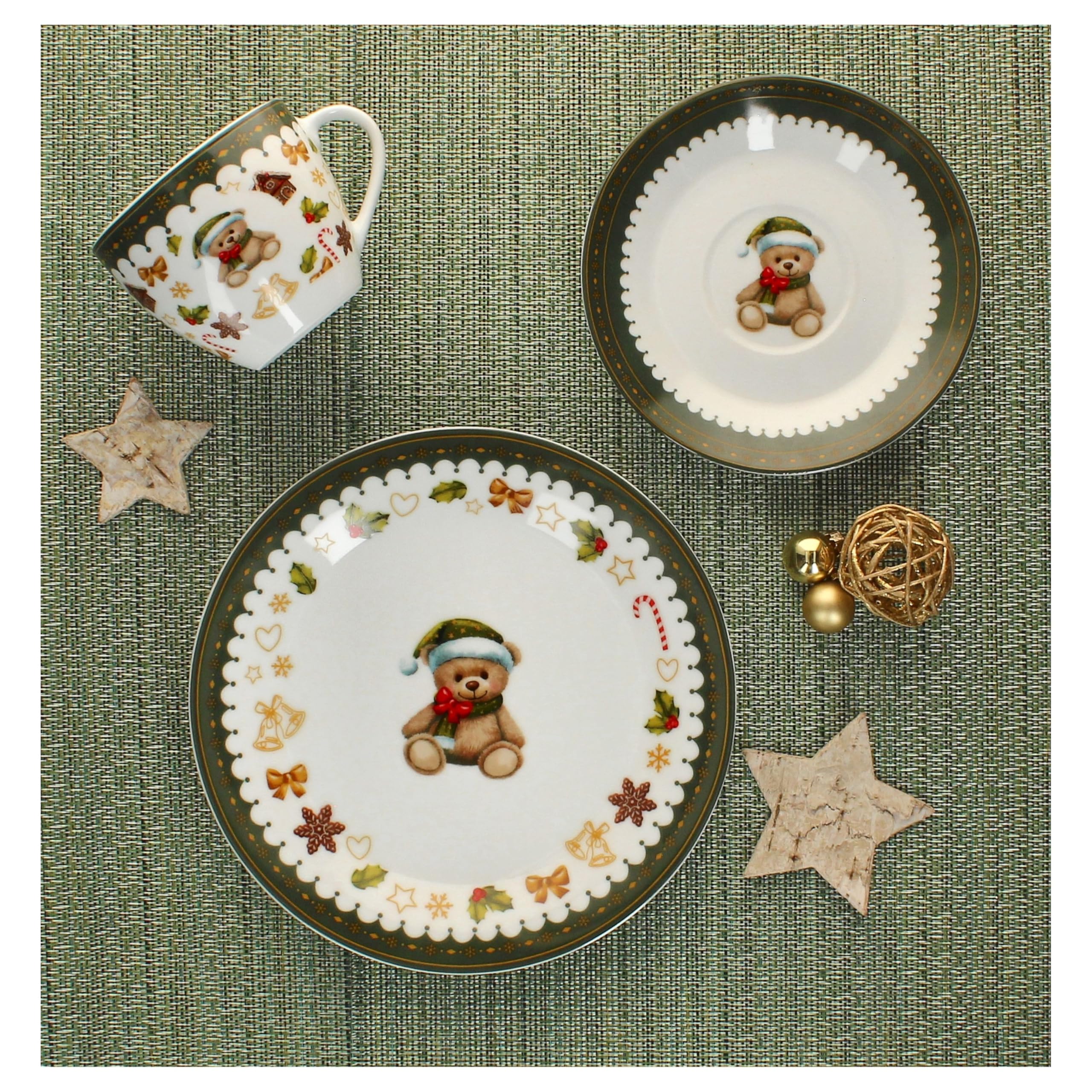 MamboCat Friend 18-tlg. Kaffeeservice für 6 Personen | Weihnachtliches Frühstücks-Set aus Porzellan mit Teddybär, Lebkuchenhaus & Co. | Tassen, Untertassen & Kuchenteller | für Weihnachten