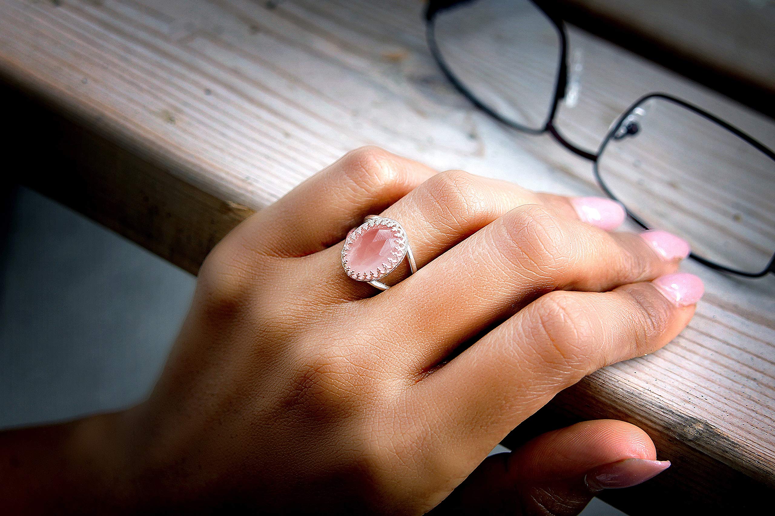 Anillo Femenino de Cuarzo Rosa de Anemone Jewelry - Chic 14x10mm Cuarzo Rosa en Plata de Ley 925 - Anillos de Plata de Ley Hechos a Mano para Mujeres - Anillo de Novia, Anillos de Moda - Caja Gratis