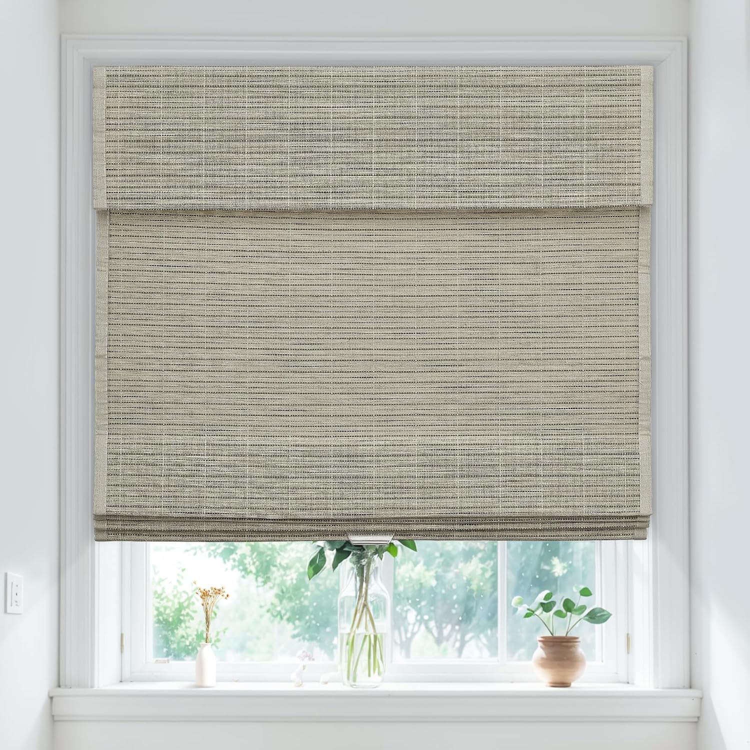 Cordless Roman Shades for Window Privacy, Natural Woven Fabric Privacy Room Darkening Blinds, Thermal Insulated Blocking Roman Blinds for Home,Linen Grey,Custom Size