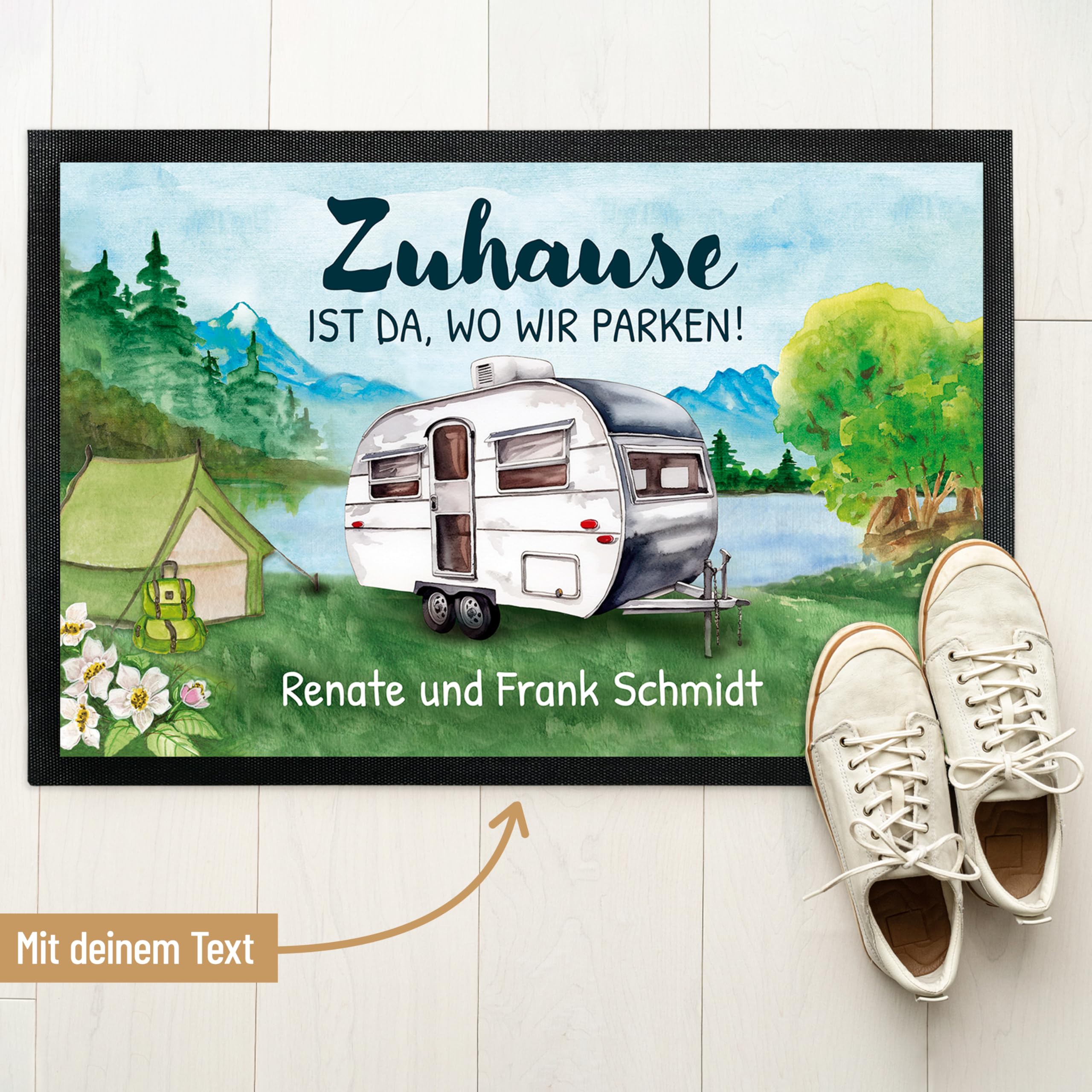 True Statements Personalisierte Fußmatte Camping 105 x 70 cm Wohnwagen Türmatte mit Wunschtext