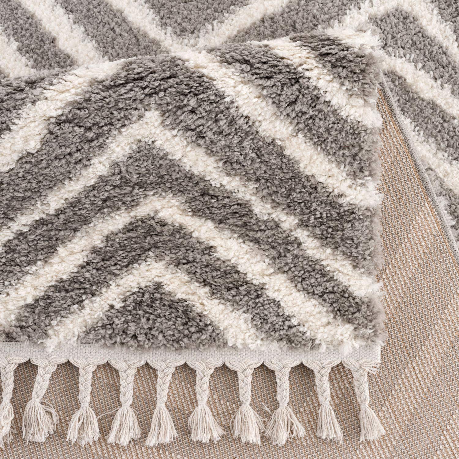 Tapis de Salon, à Poils Longs, Design Ethnique, Chevron, 200 x 290 cm, Gris crème, avec Franges