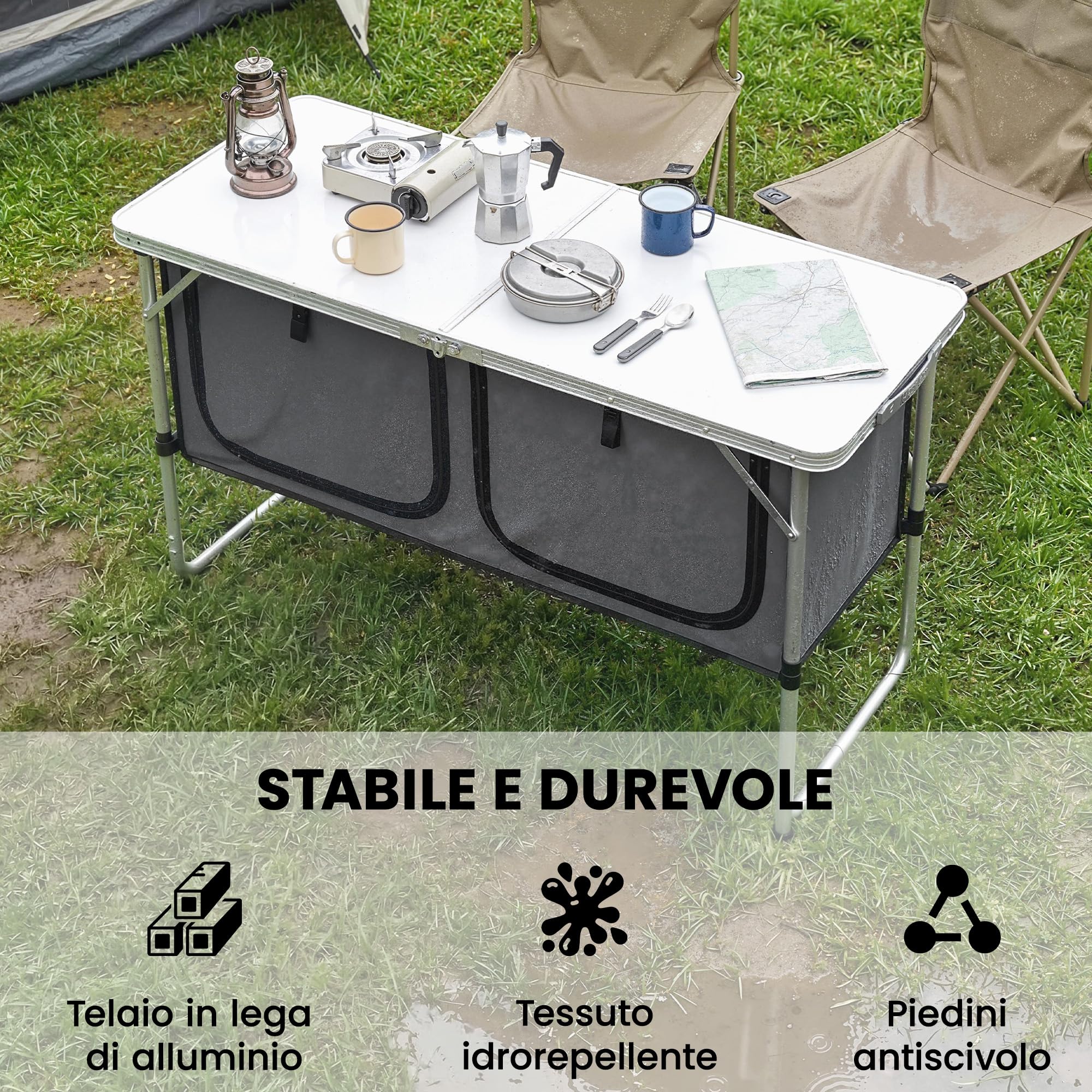 Outsunny Cucina da Campeggio Pieghevole, Mobile Cucina da Campeggio in Alluminio, MDF e Tessuto Oxford, per Picnic, BBQ e attività all'Aperto, 120x47x70 cm, Argento