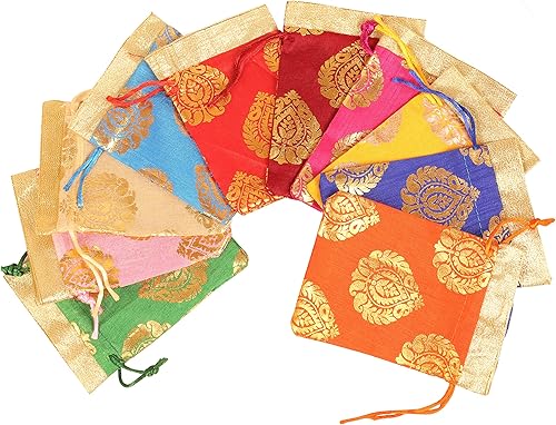 Miniatura 3 de Touchstone Bolsas de cordón tradicionales indias hechas a mano en tejido brocado con patrón de hojas de ficus. Perfecto para regalos, joyas, bodas,