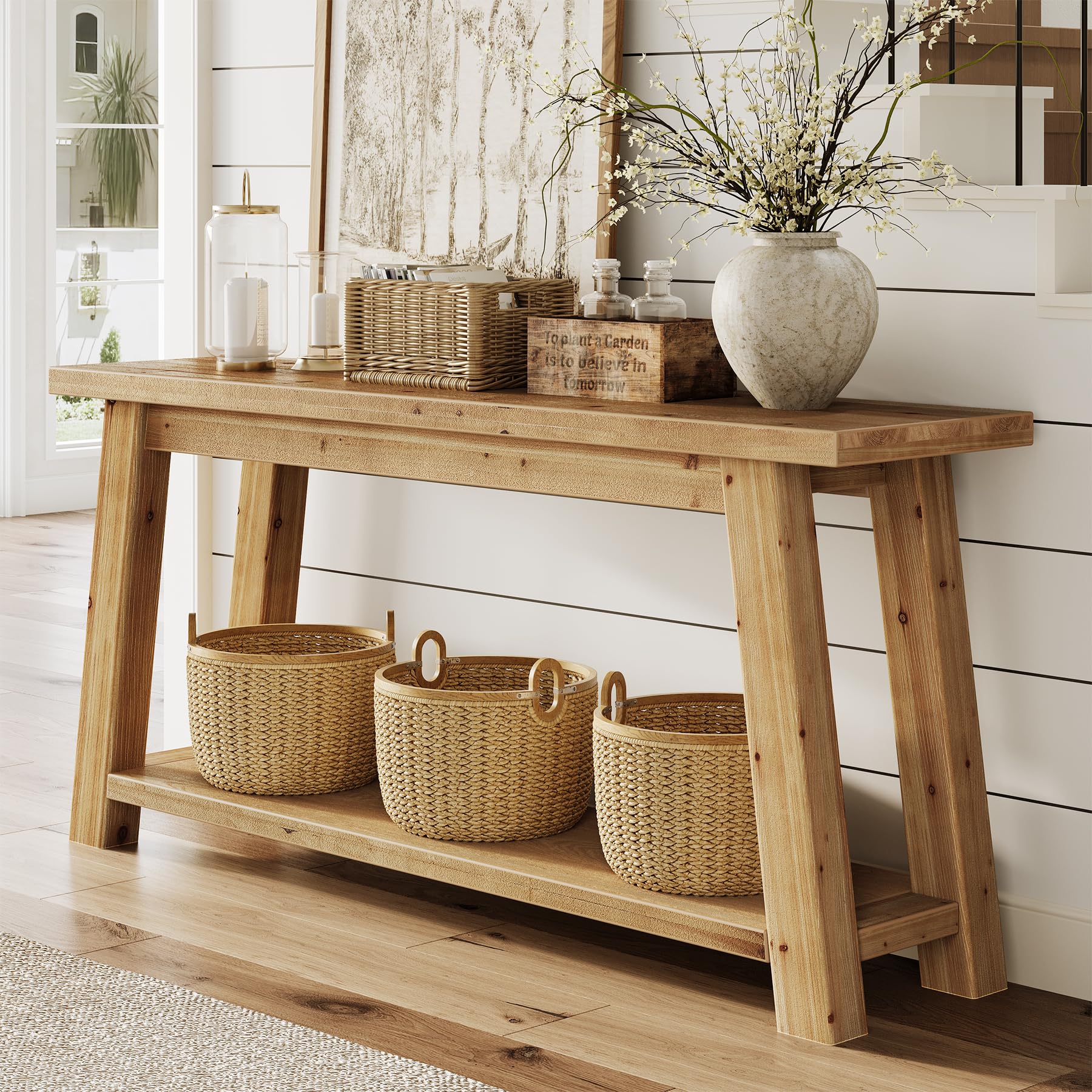 Consola de madera maciza 180 cm, 2 niveles, mesa de sofá estrecha estilo granja para entrada, sala de estar, dormitorio, detrás del sofá, color madera natural, montaje fácil