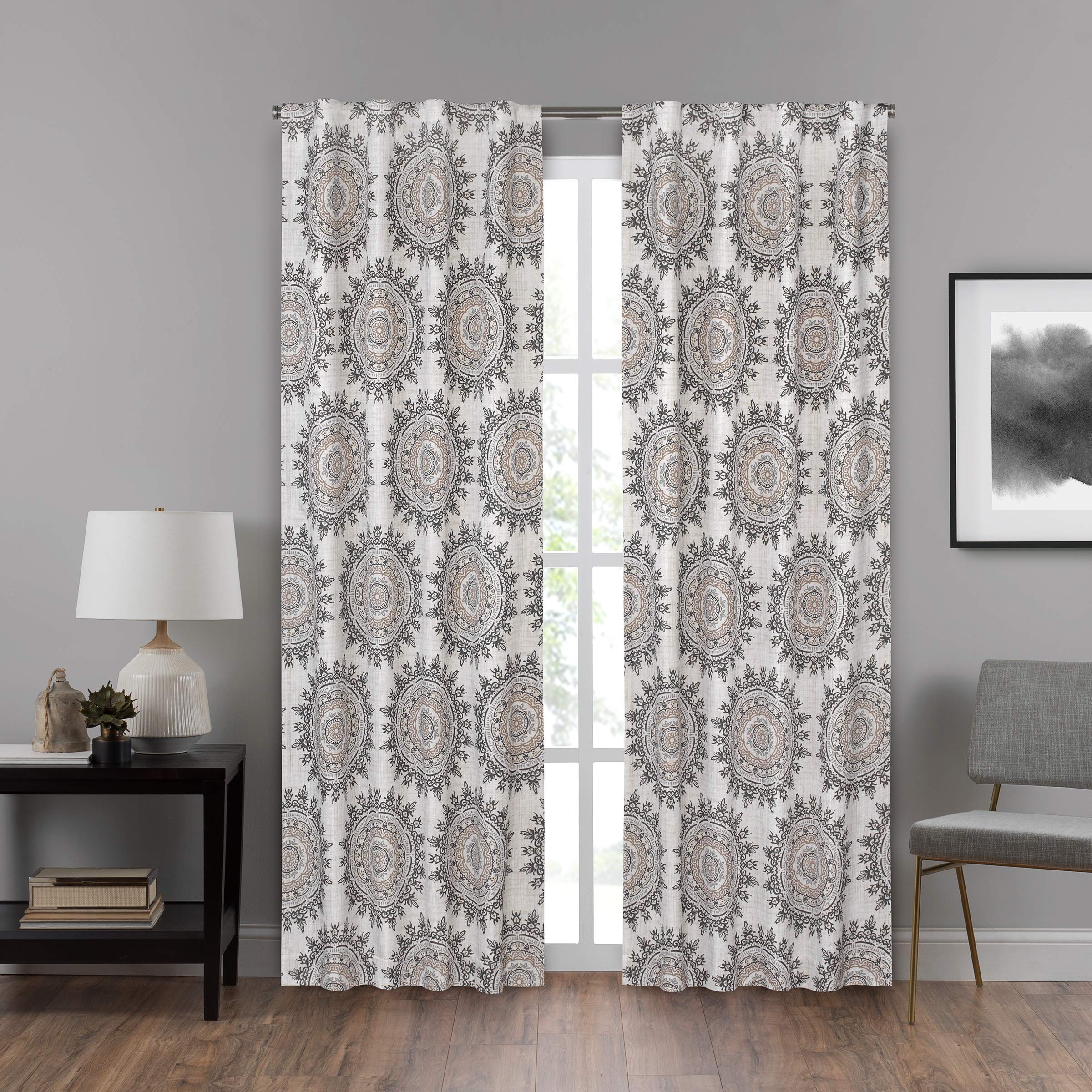 ECLIPSE DraftStopper Room Darkening Curtains for Bedroom - Summit Medallion 40" x 108" Thermal Insulated Single Panel Rod Pocket Light Blocking Curtains for Living Room, Neutral