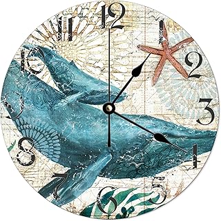 Vintage Nautical Clock Old Map Nautical Wall Clock Whale Bathroom Clock Wooden Wall Clocks Battery Operated Beach Decor Coastal Home Decor for Living Room Kitchen Home Bedroom 10 Inch