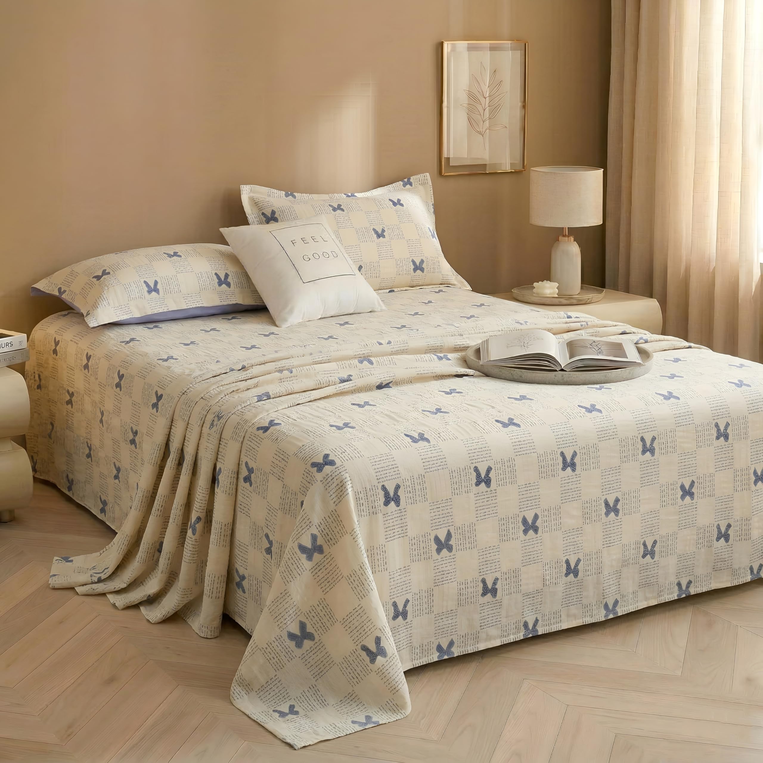 BSB HOME Cloud Cotton King Size bedsheet | Flatsheet Summer Sheet with Two Pillow Covers | Super Soft Bed Sheet for King Size Bed Durable| Floral Design (270 x 250 cm, Off White & Blue Butterfly)-image-20