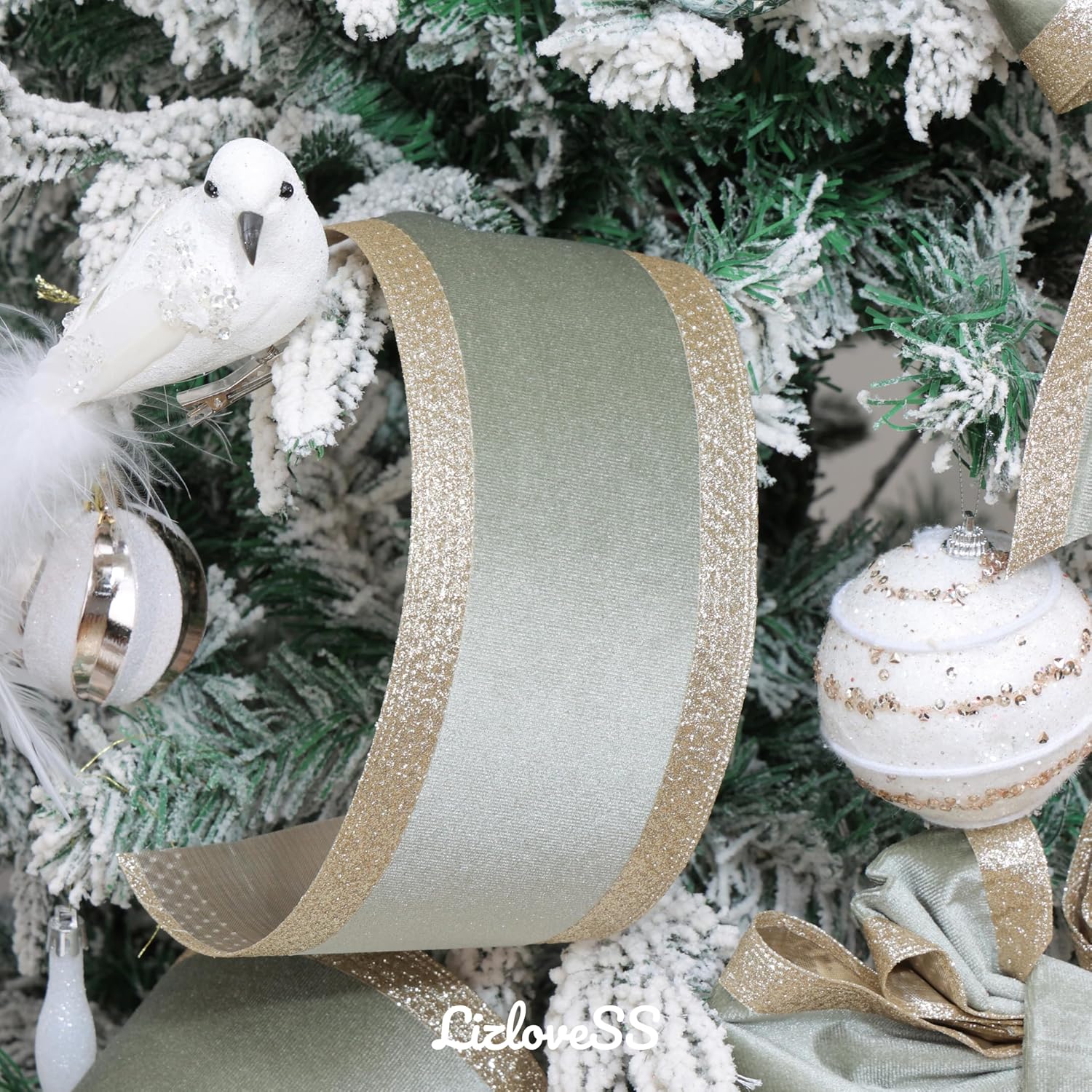 4" Sage Green Christmas Velvet Wired Ribbon with Champagne Gold Glitter Stripe Edges - 10 Yards Roll for Christmas Tree, Gift Wrapping, Wreaths, Holiday Crafts & Décor