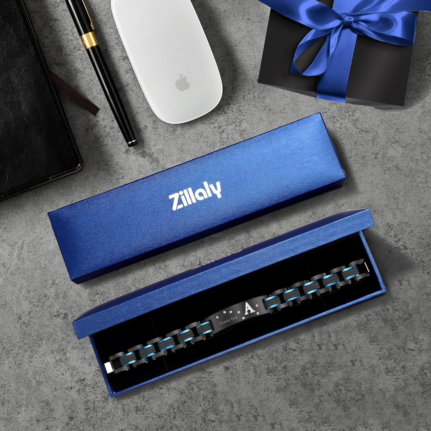 Men's Bracelet, Black and Blue Ion Stainless Steel, Initial Curved Plate, Gift for Boyfriend, Husband, Father, Comes with Gift Box - Image 7