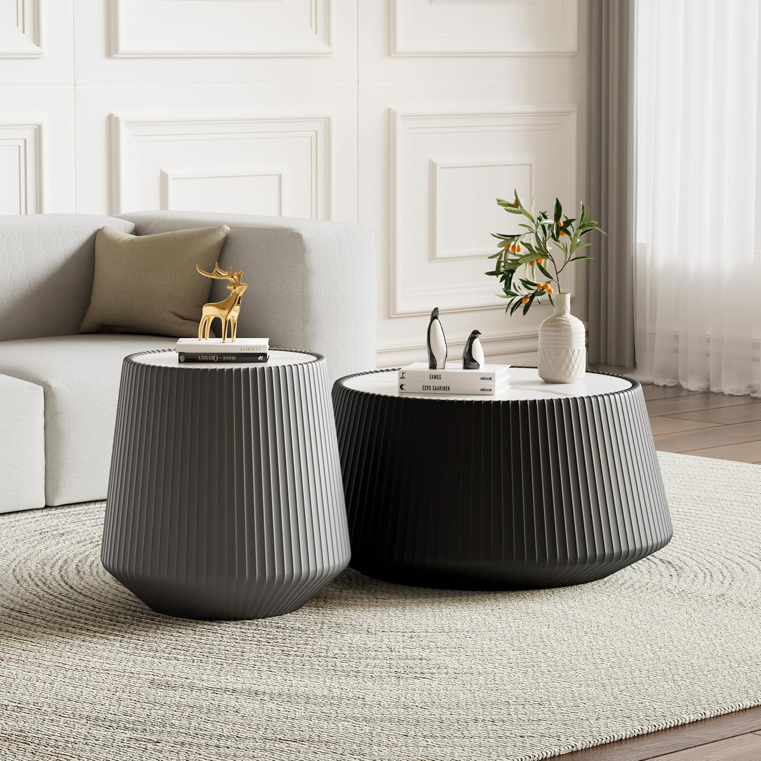 Round Coffee Table Set with Sintered Stone Tabletop, 26.77" Black Drum Center Table and 19.68" Grey Coffee Table Set, 2 Pieces Living Room Table Set with Fluted PU Leather Cover& Stable Base