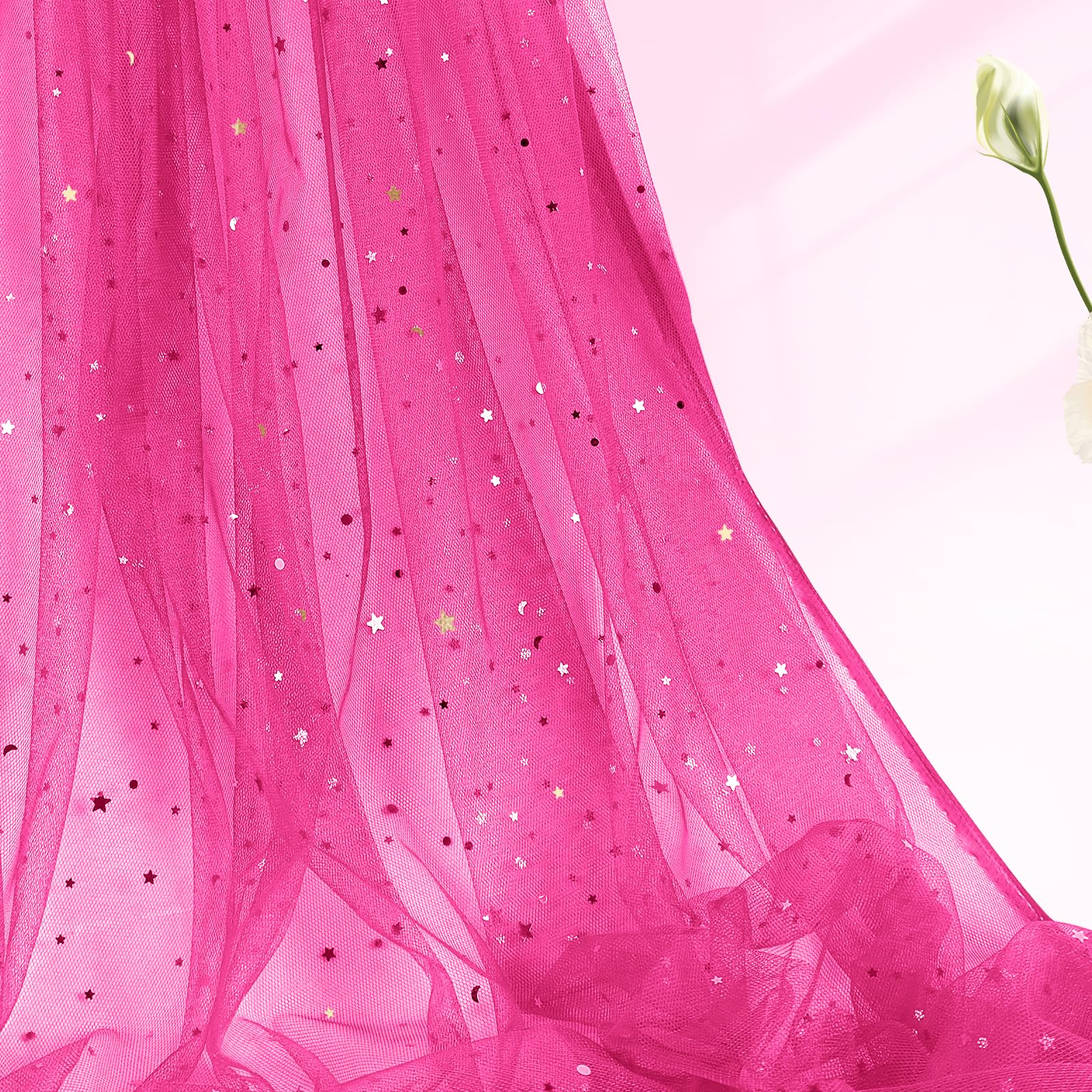 Horbaunal Hot Pink Glitter Tulle Fabric Rolls 54 Inch Wide by 1 Yard Star Moon Sequin Tulle Rolls, Netting Fabric for Tutu Skrits DIY Craft Wedding