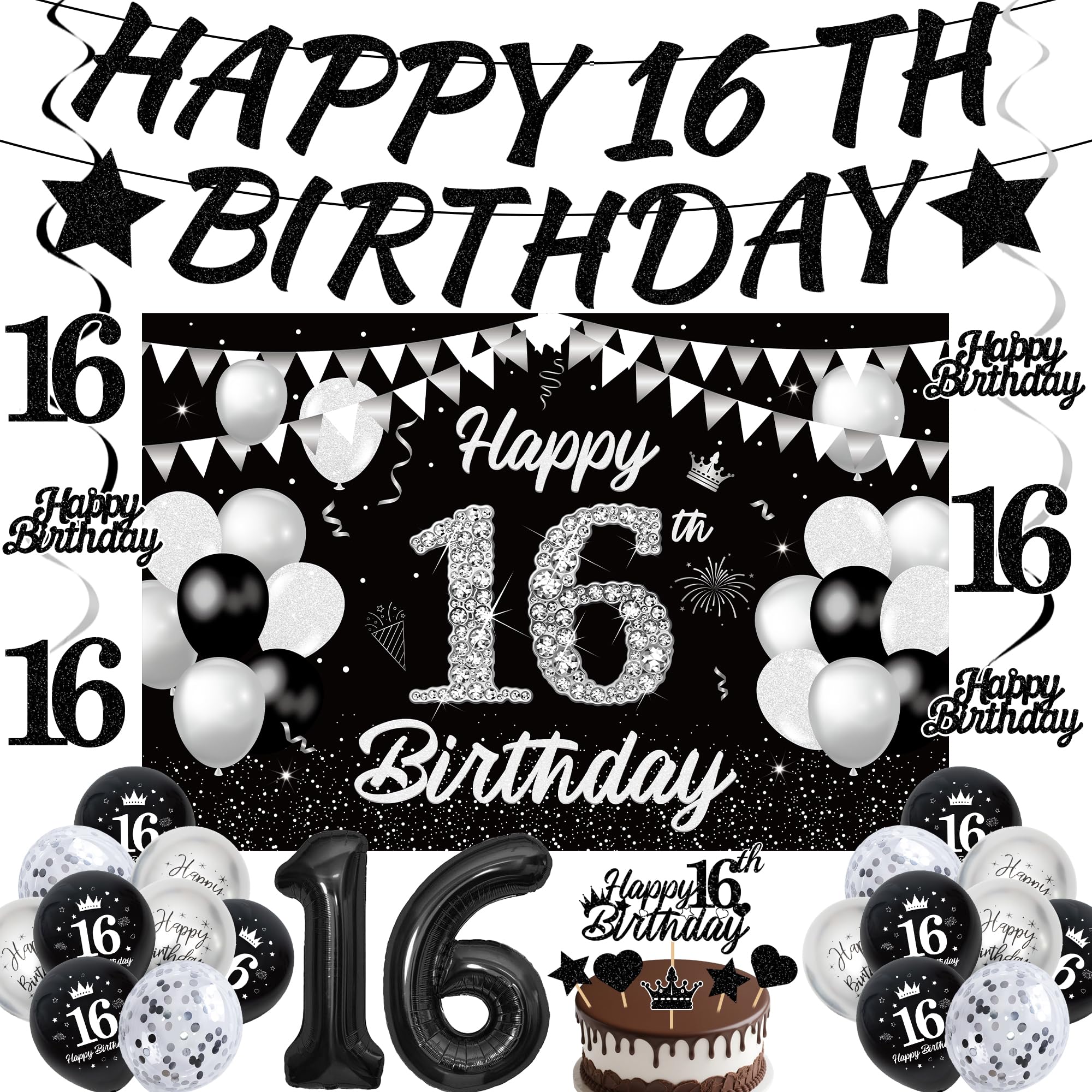 16th Birthday Decorations Boy Banner - 35 Pc Black Silver Happy 16 Bday Banners Hanging Swirls Cake Topper Balloons Foil Latex Number 16 Balloons for Sweet Sixteen Year Old Party Supplies Decor
