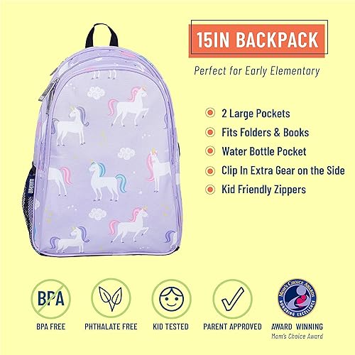 Miniatura 5 de Wildkin Paquete de mochila para niños de 15 pulgadas con bolsa de almuerzo (unicornio)