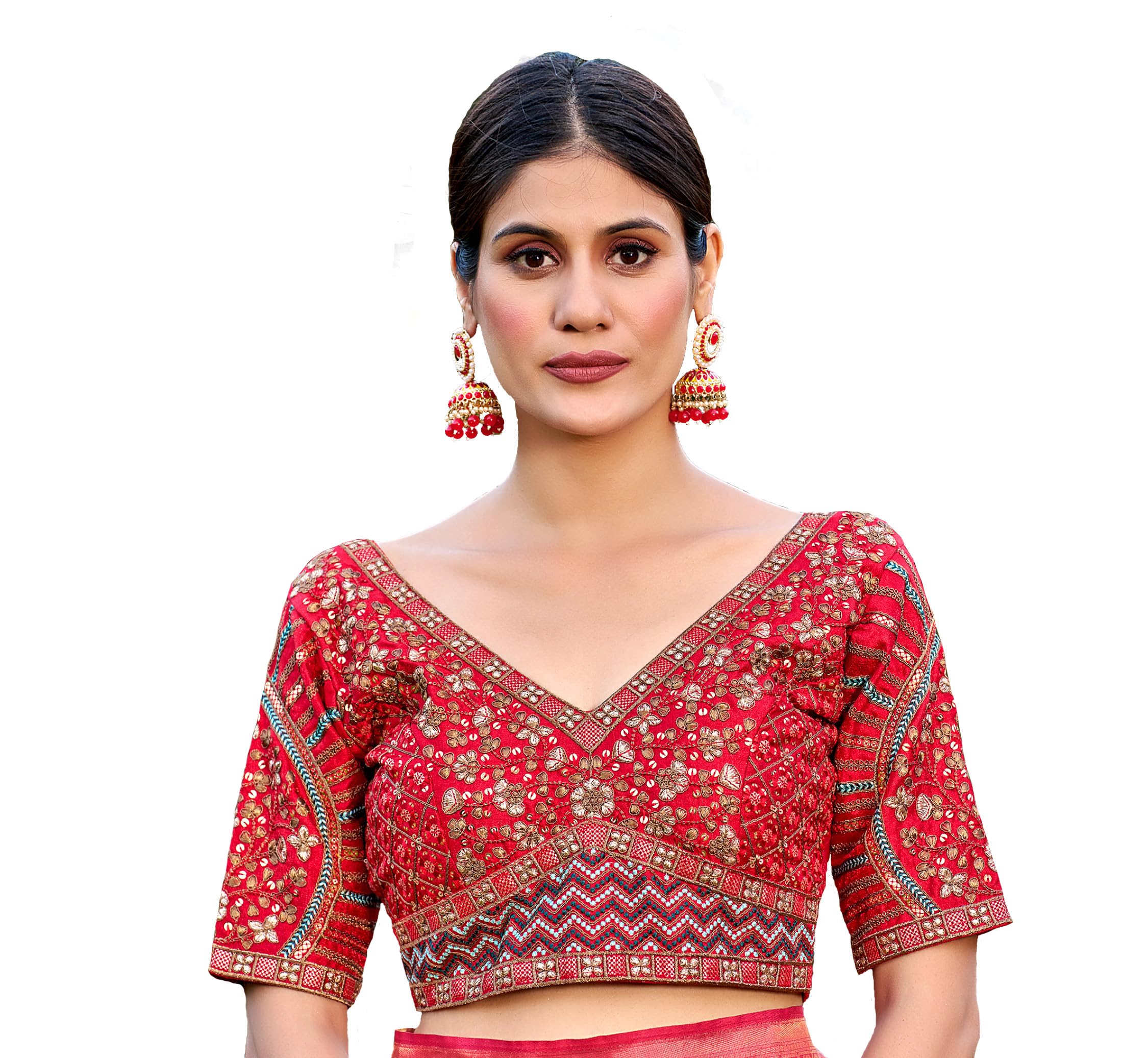 Pujia Mills Mills Women's Fancy Readymade Heavy Coding Embroidary Worked Half Sleeve Multicolor Saree Blouse(Mushroom) (Red, 38)